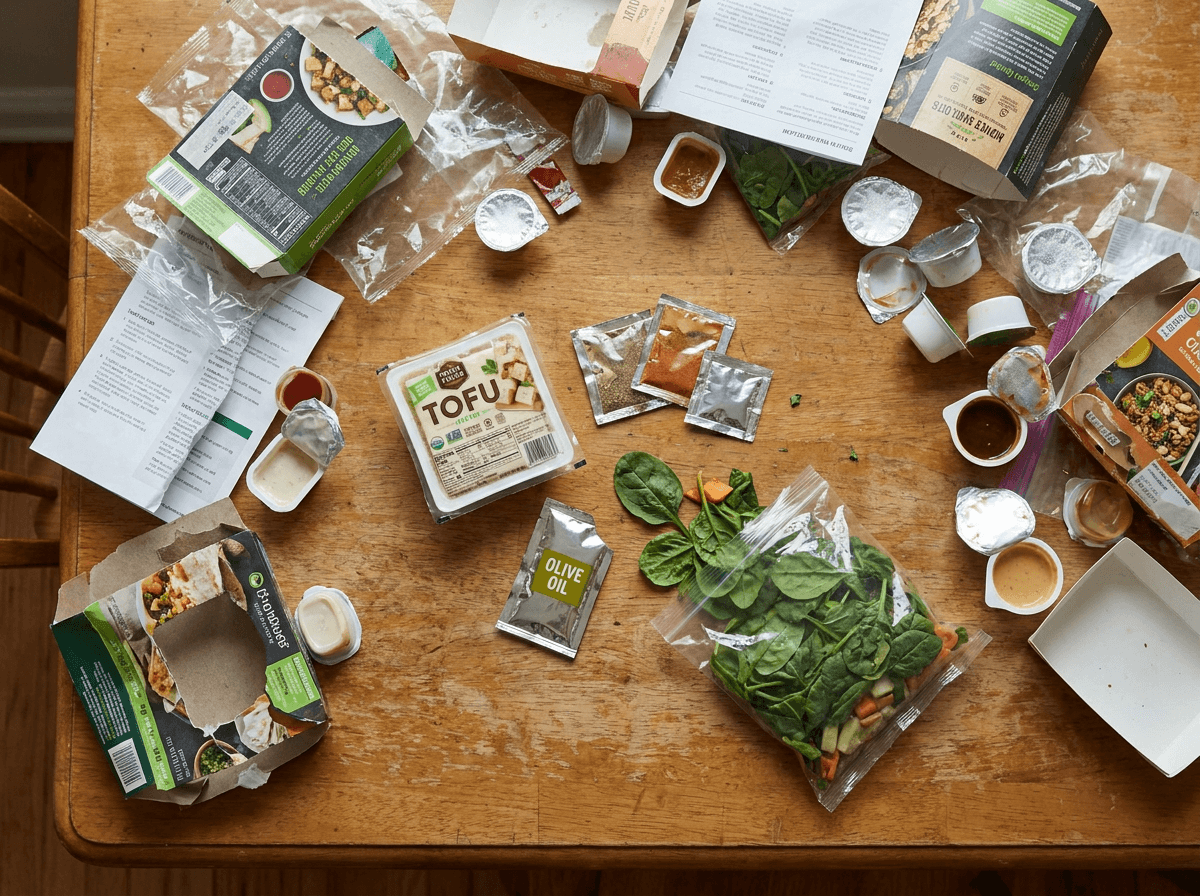 Vegetarian meal kit ingredients surrounded by excessive single-use plastic packaging