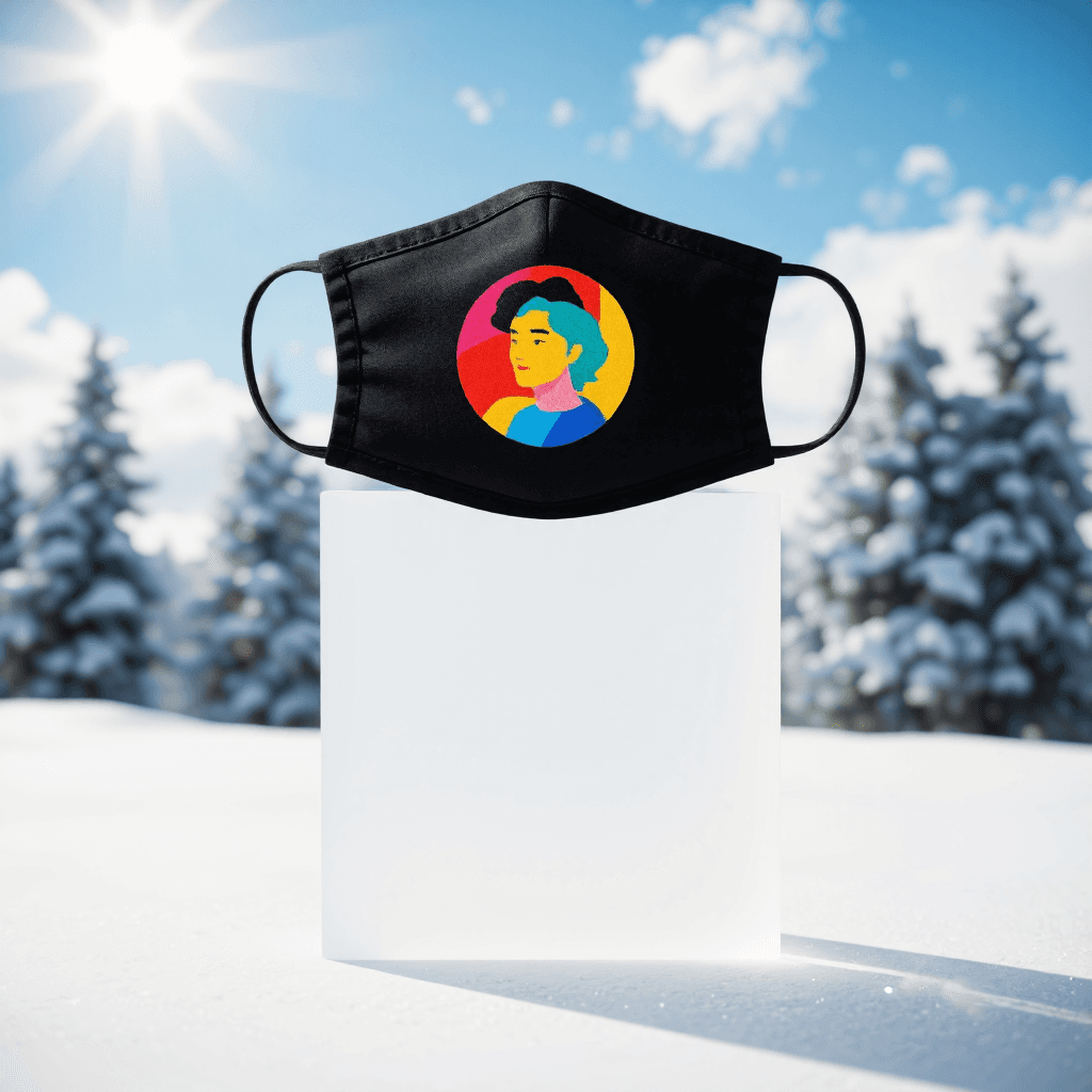 product photography of a face mask with a colorful design
