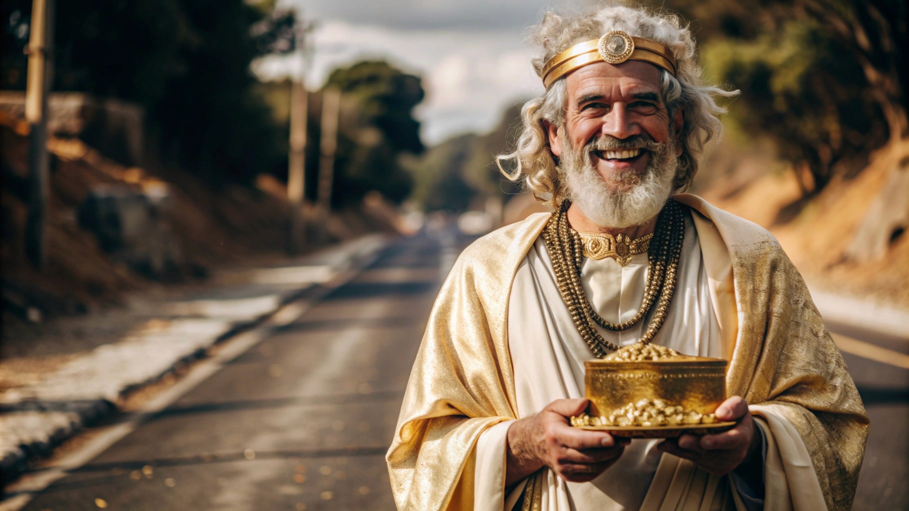 an ancient philosopher stands on the road smiling with gold in his hands