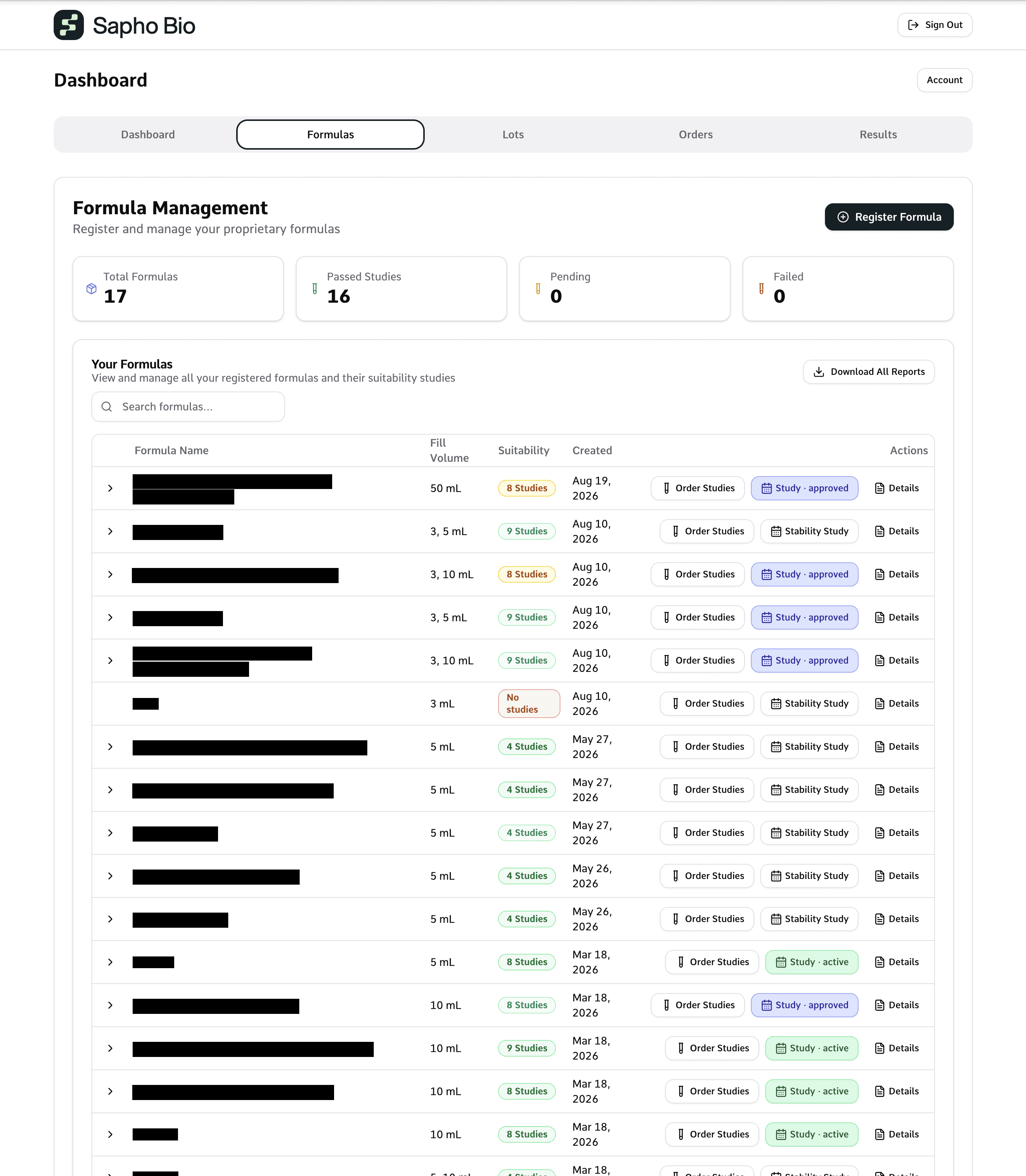 Sapho Bio client portal formulas view