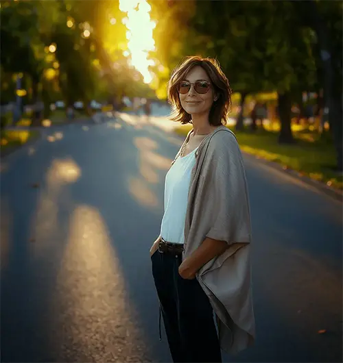 Mulher de óculos escuros sorrindo — cuidado com a saúde ocular em Moema