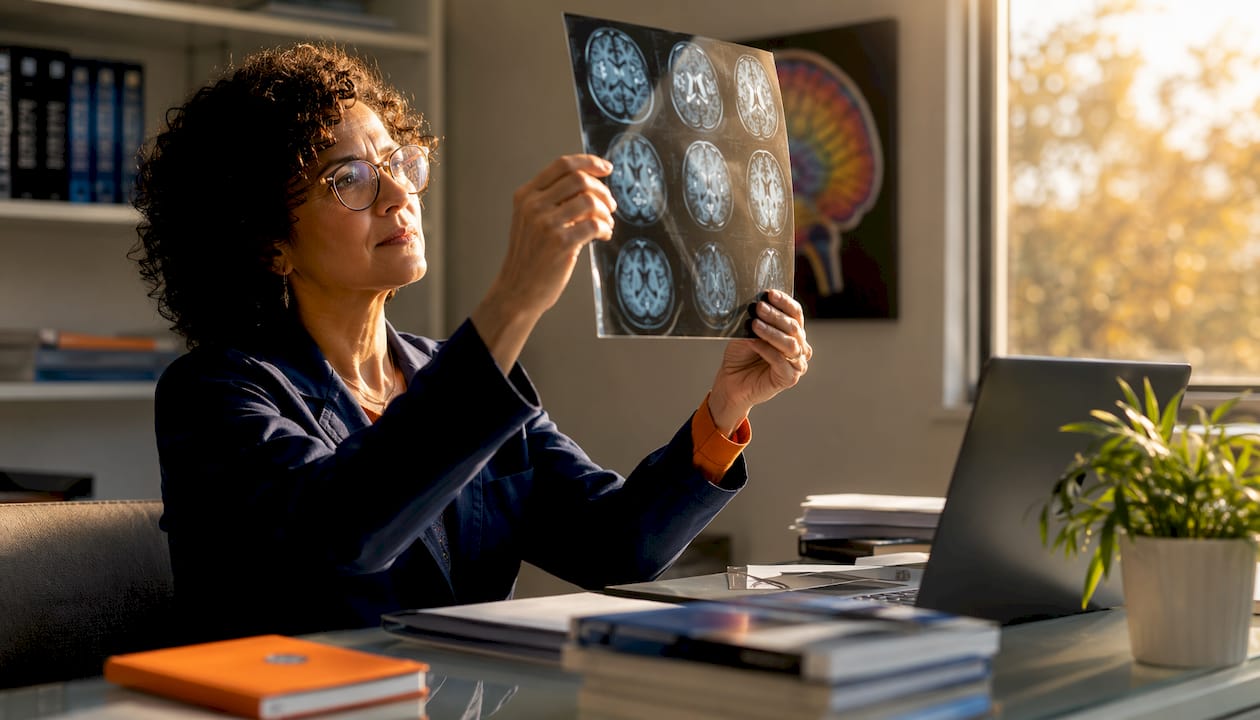 Neuroscientist reviewing brain scans