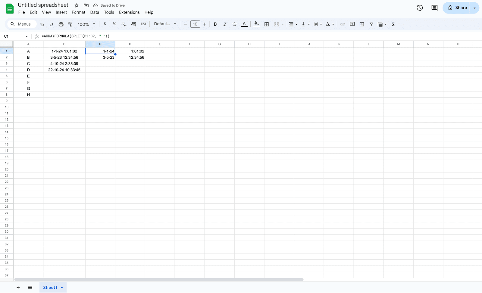 Combination of SPLIT function + ARRAYFORMULA function