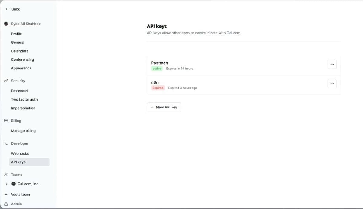 Getting API keys in Cal.com
