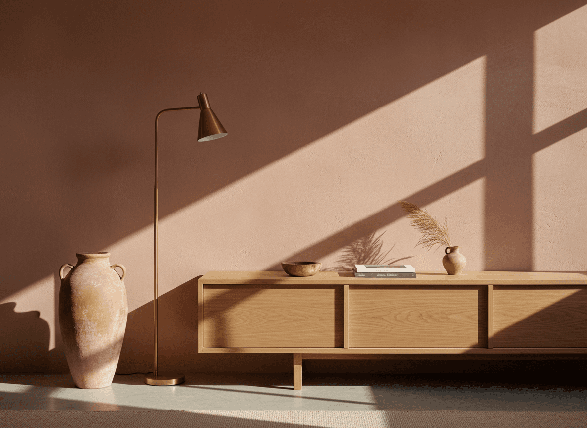 Minimalist living room with terracotta accent wall, mid-century wooden sideboard, brass floor lamp, ceramic vase, and natural sunlight casting geometric shadows.