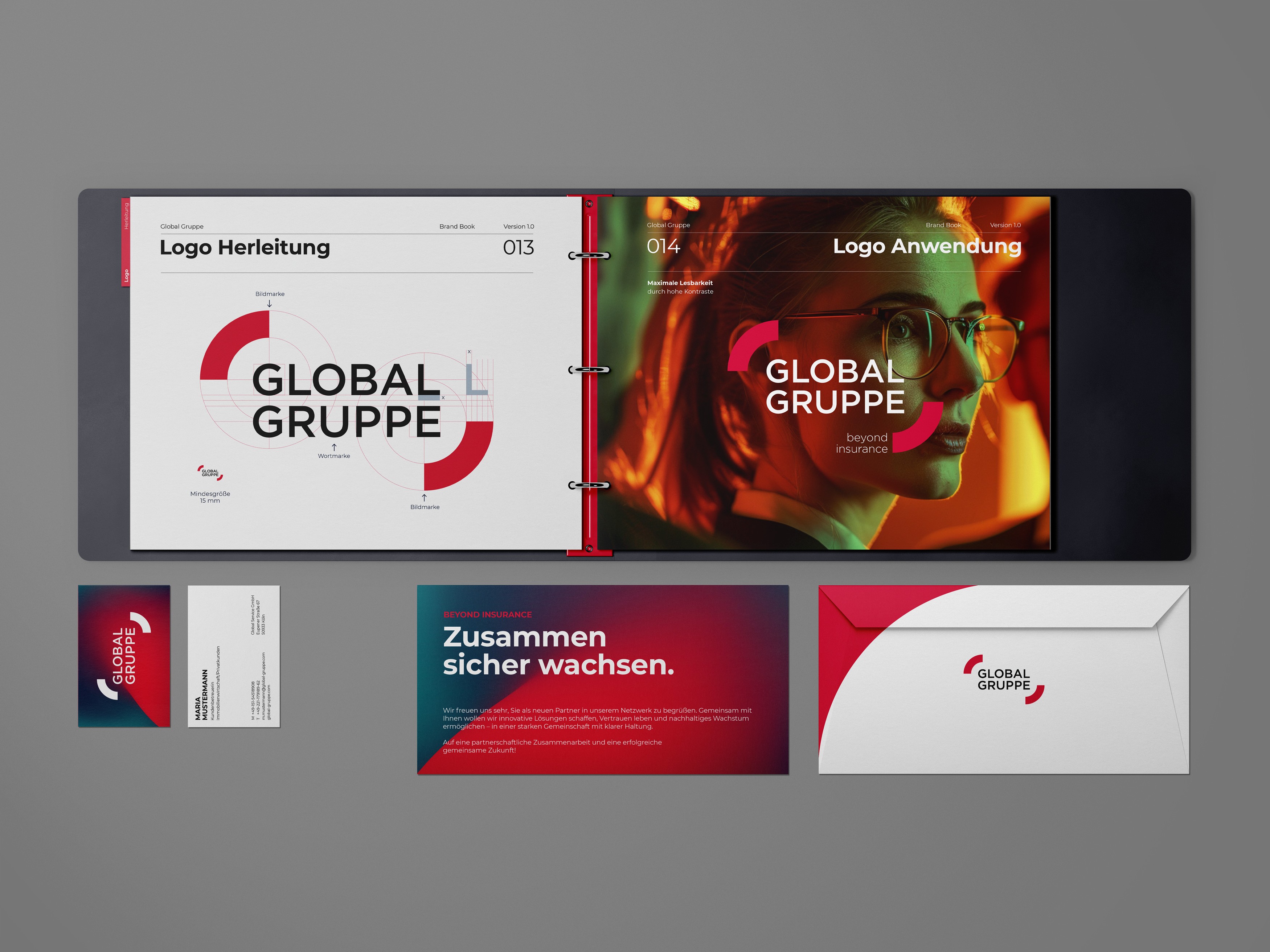 Geschäftsausstattung der Global Gruppe mit neuem Logo, Typografie und reduziertem Designsystem.