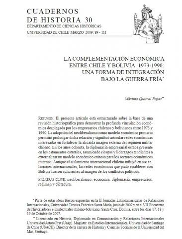 La complementación económica entre Chile y Bolivia, 1973-1990: una forma de integración bajo la guerra fría