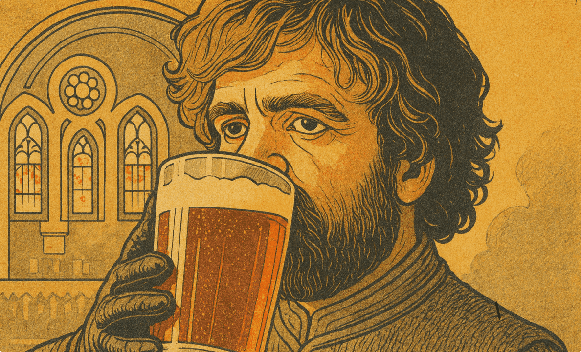 Man in church with beer