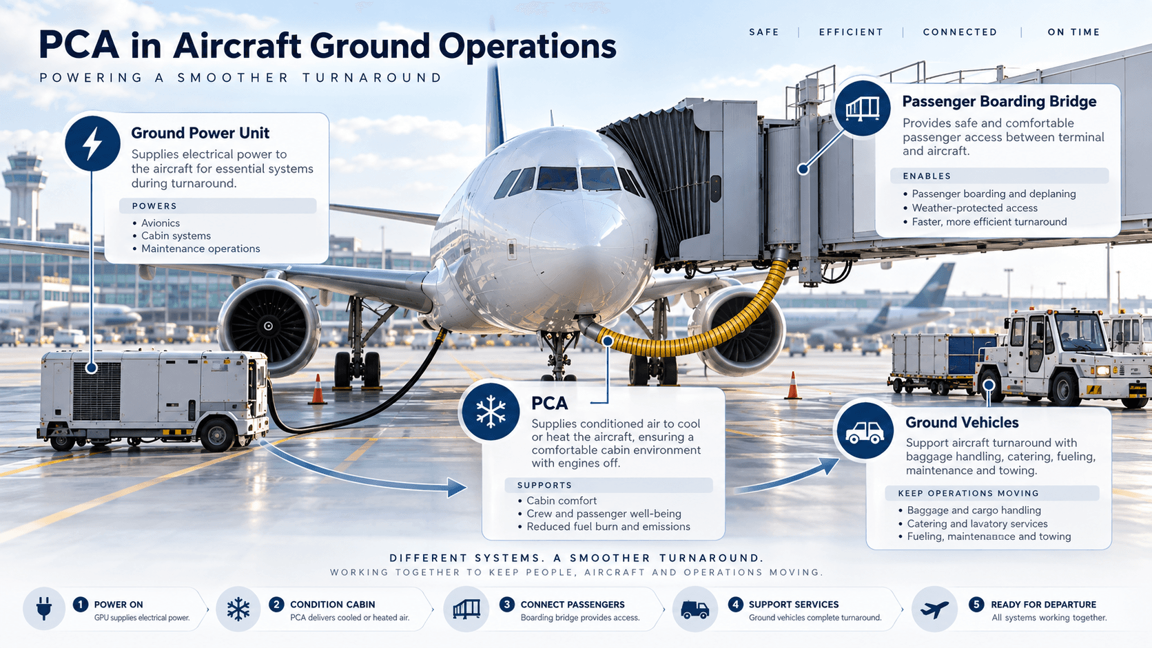 Aircraft PCA working with ground power unit passenger boarding bridge and ground vehicles during aircraft turnaround