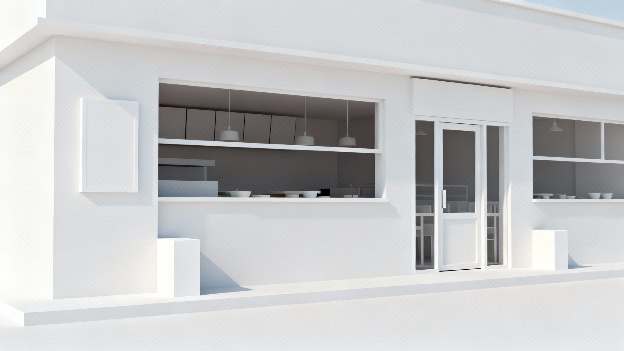 A 3D model of a modern restaurant exterior being designed in SketchUp.