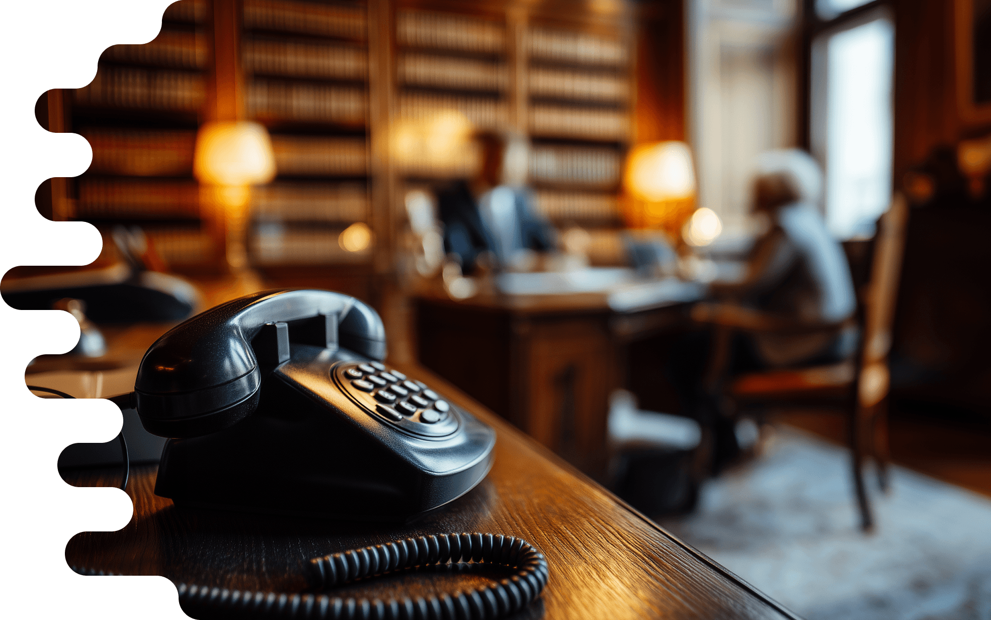 A meeting is taking place in an elegant office with wood-paneled walls and bookshelves that go up to the ceiling. In the foreground, there is a nostalgic black telephone, its cord lying on the table. The table is made of dark wood and has a smooth surface. In the background, a man in a suit sits at a desk, looking busy as he looks over some documents. A woman, who is also involved in the conversation, sits across from him; she wears a light blazer and has gray hair. The room is softly lit by two desk lamps, whose light creates a pleasant atmosphere. Windows in the corner of the room let in daylight, brightening the scene. The entire composition conveys a focused and professional mood.