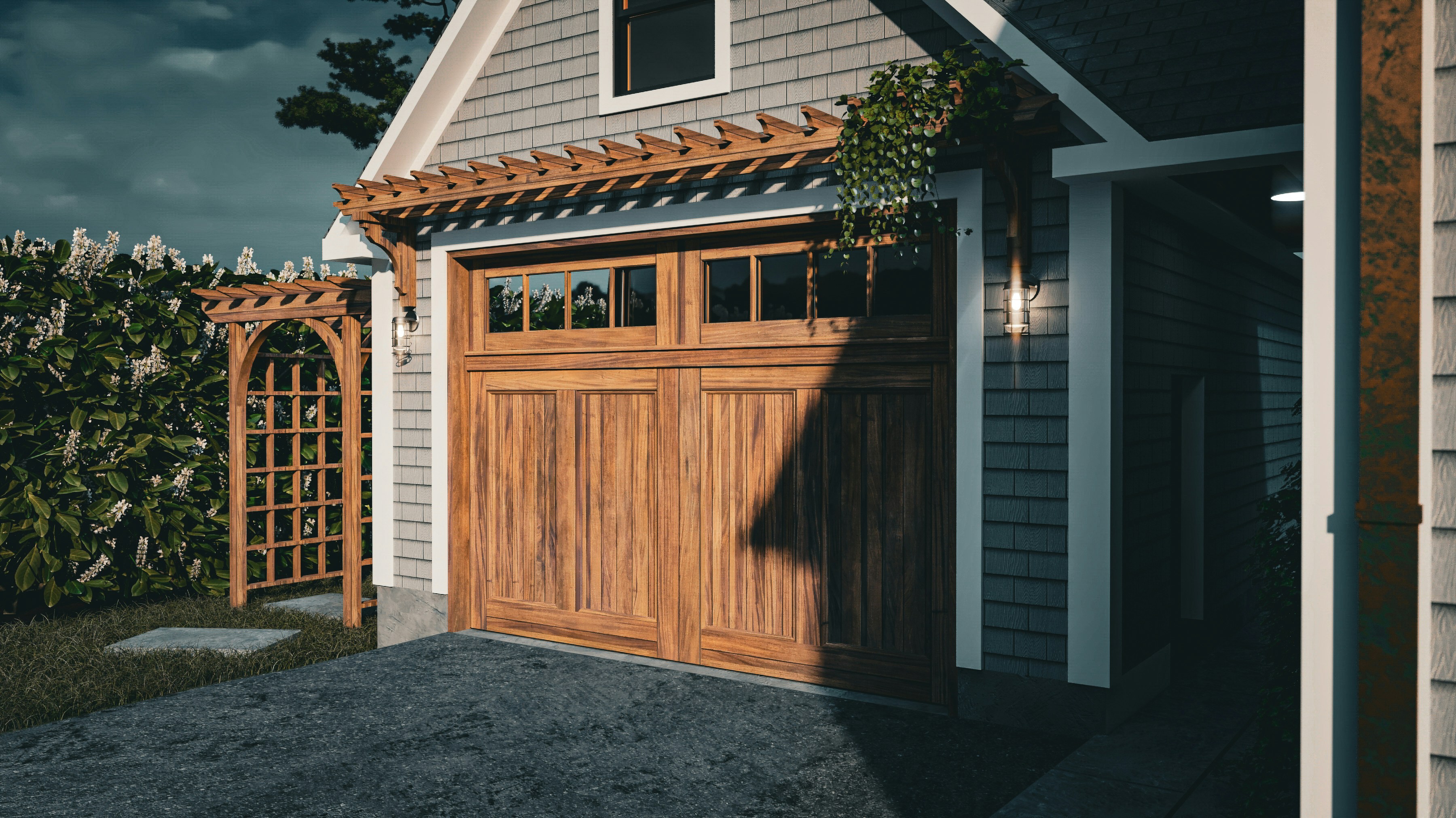 Exterior V-Ray render of a modern house garage with wooden doors, strong sunlight, deep shadows, and detailed surrounding greenery.