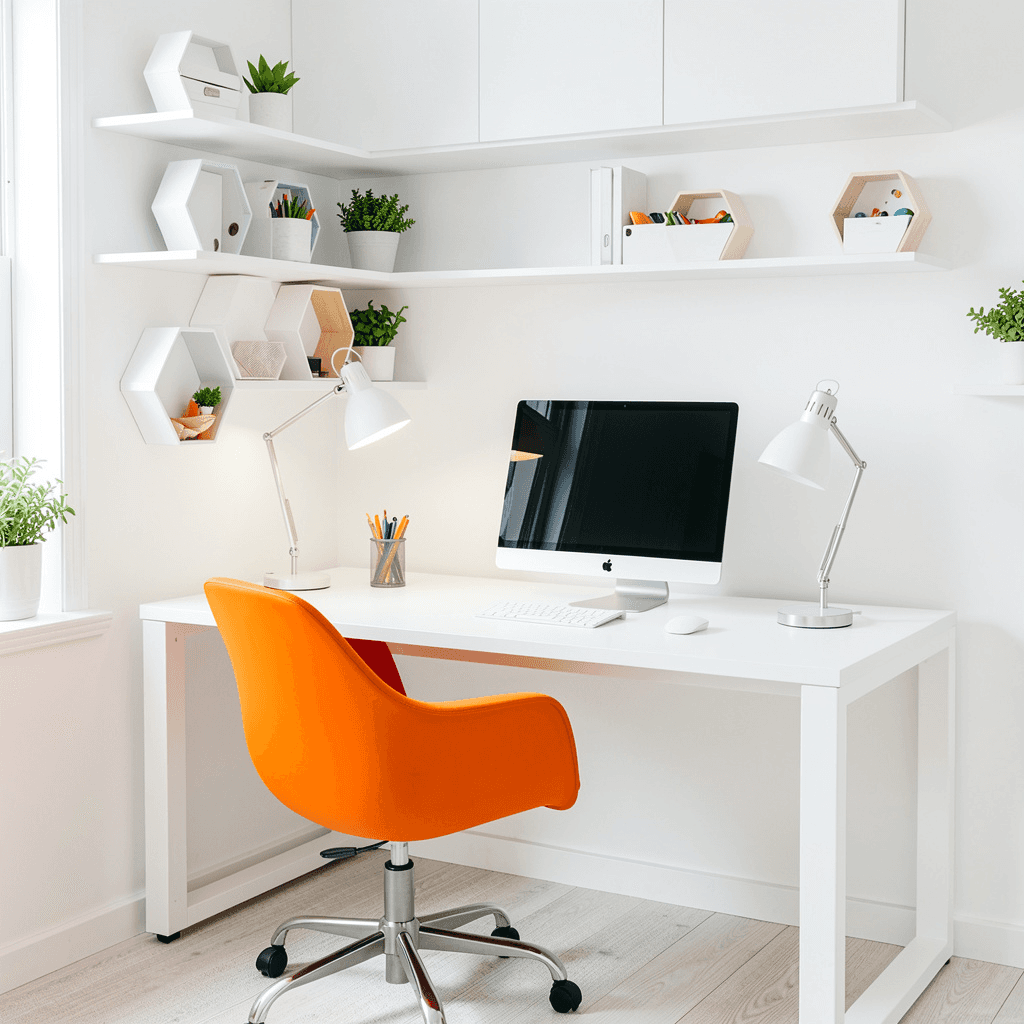 minimal white office, with an orange accent