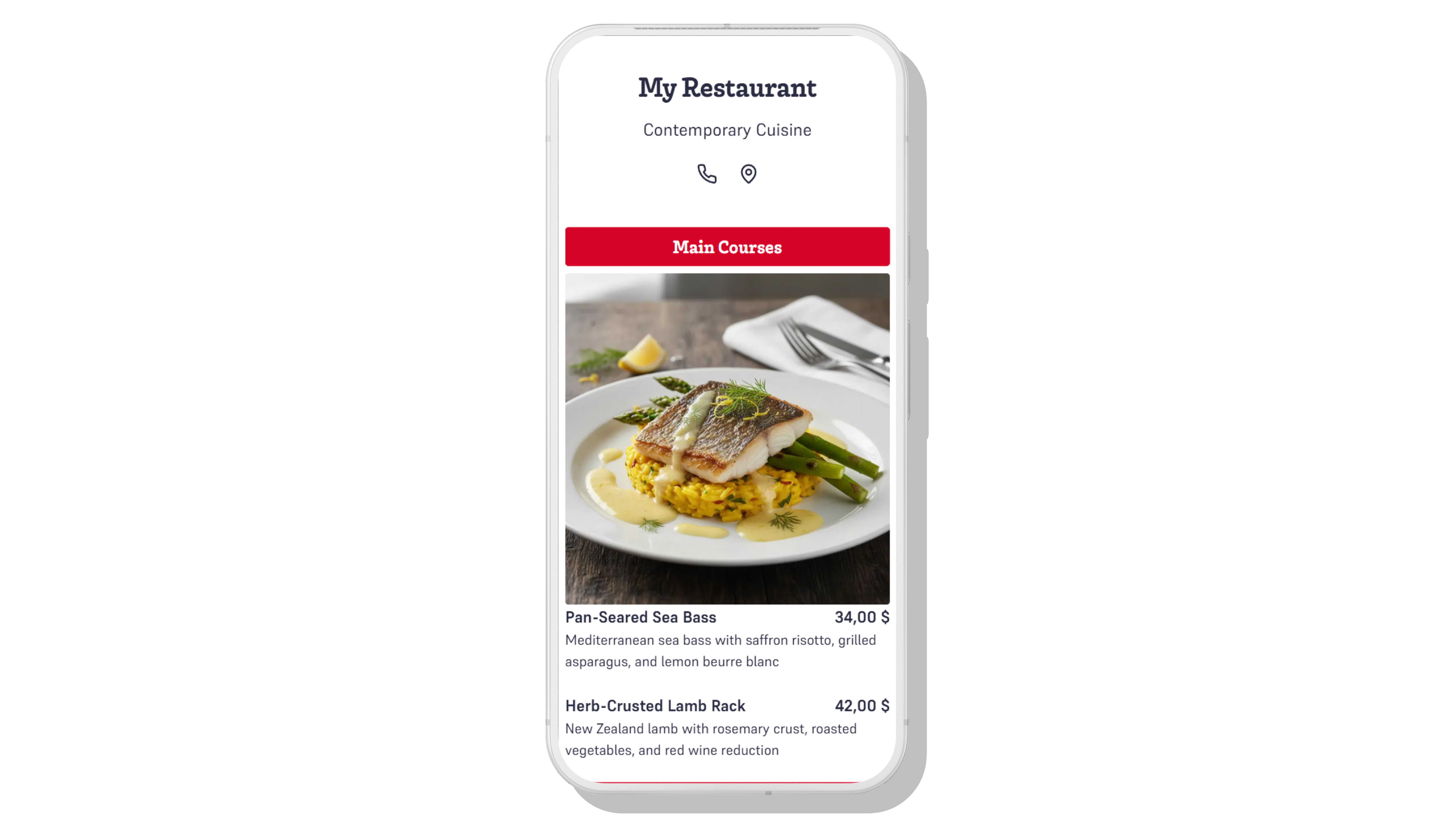 Example digital menu on a smartphone