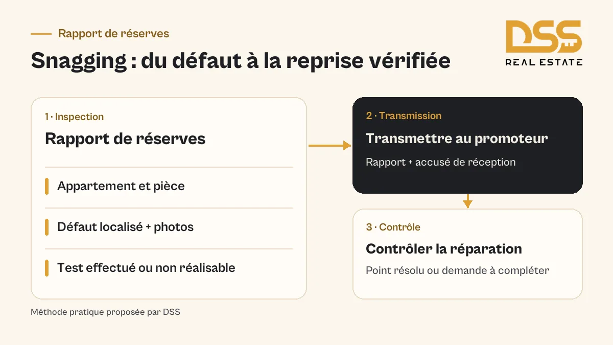 Parcours du snagging à Dubai, du rapport de réserves illustré au contrôle des réparations avant occupation du logement