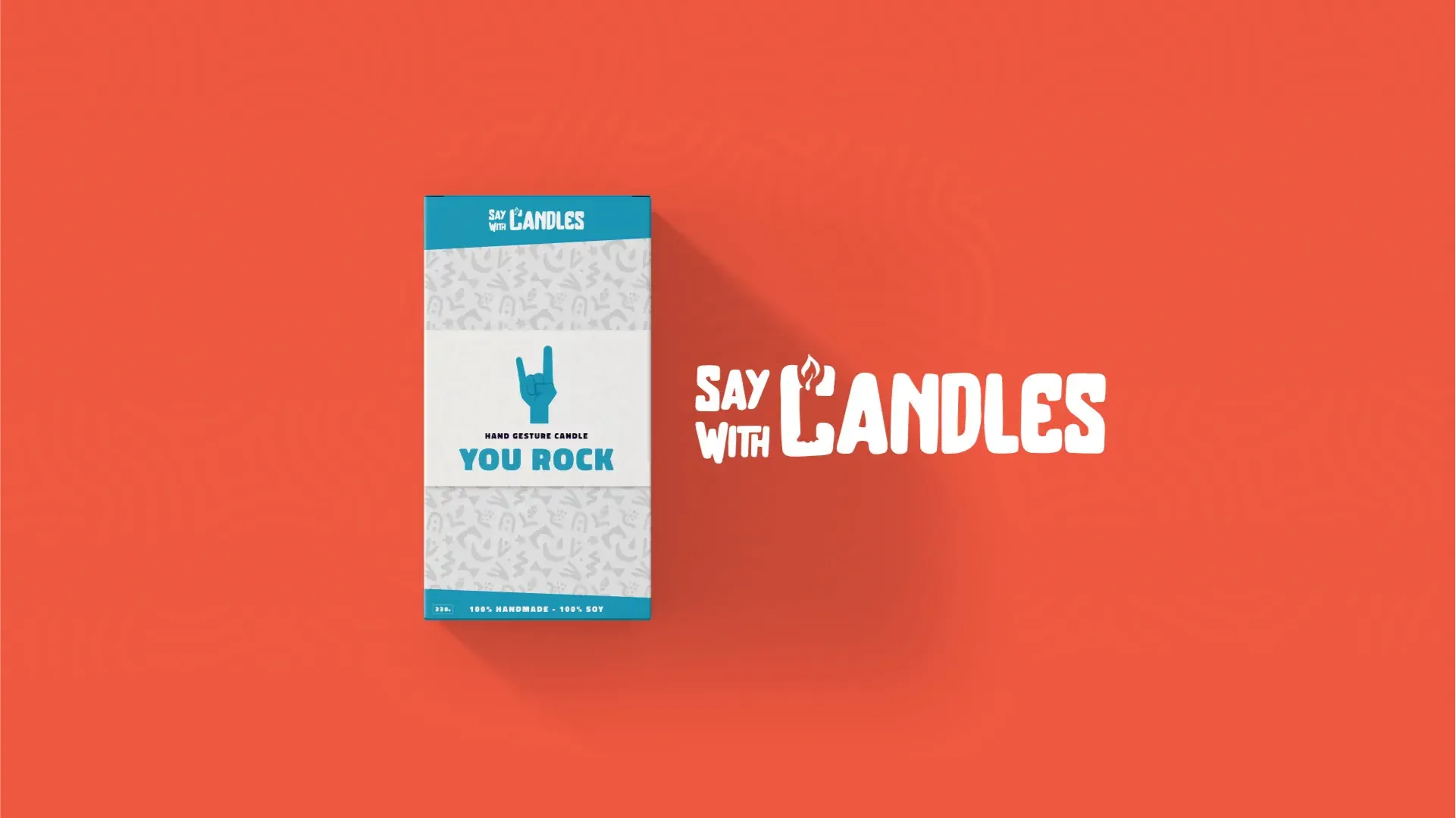 Modern product identity for a hand-gesture candle brand by Made by Campfire, showcasing a minimalist blue and white box design with custom illustrated patterns and a 'rock on' symbol.