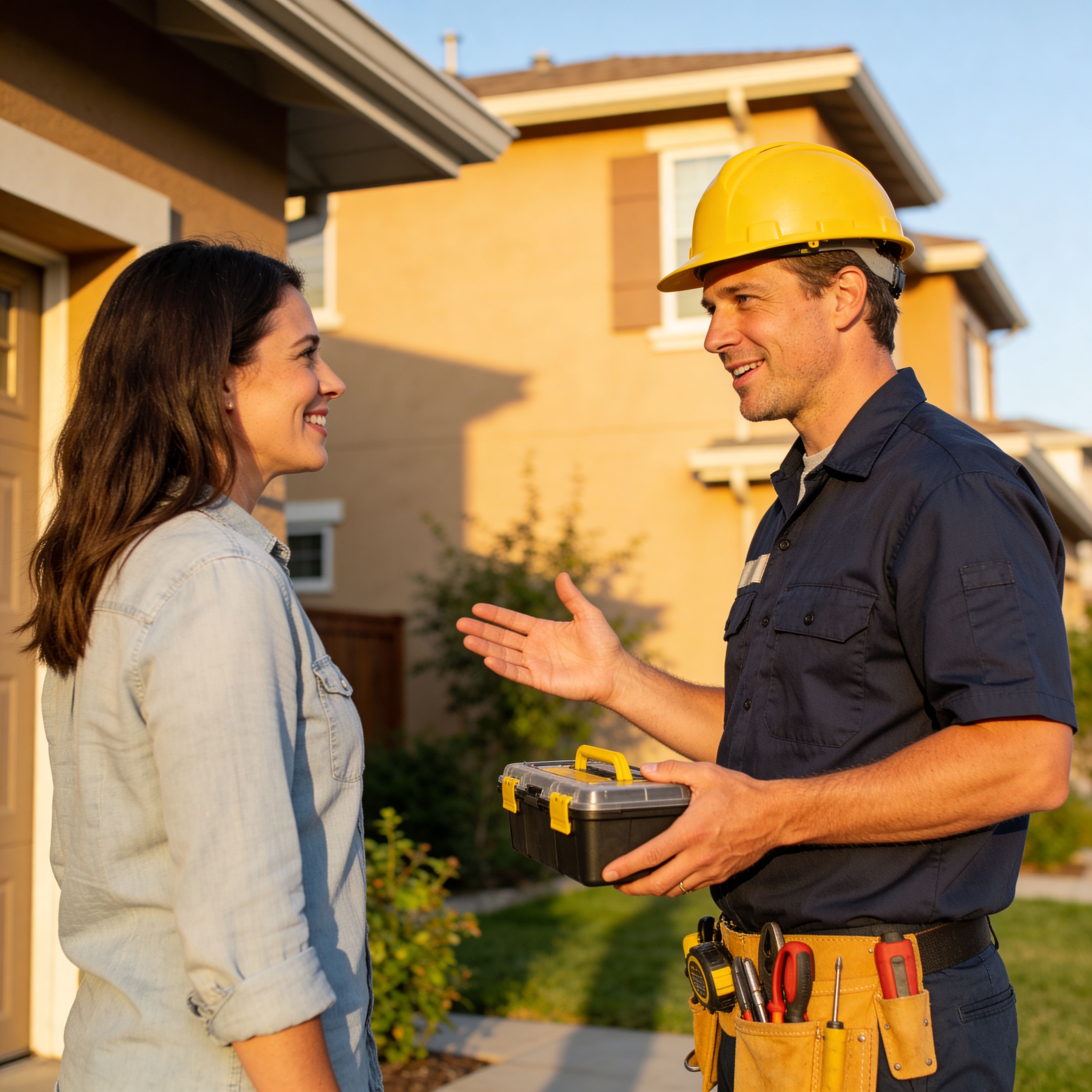 Friendly electrician with toolbox speaking to female homeowner outside residential property