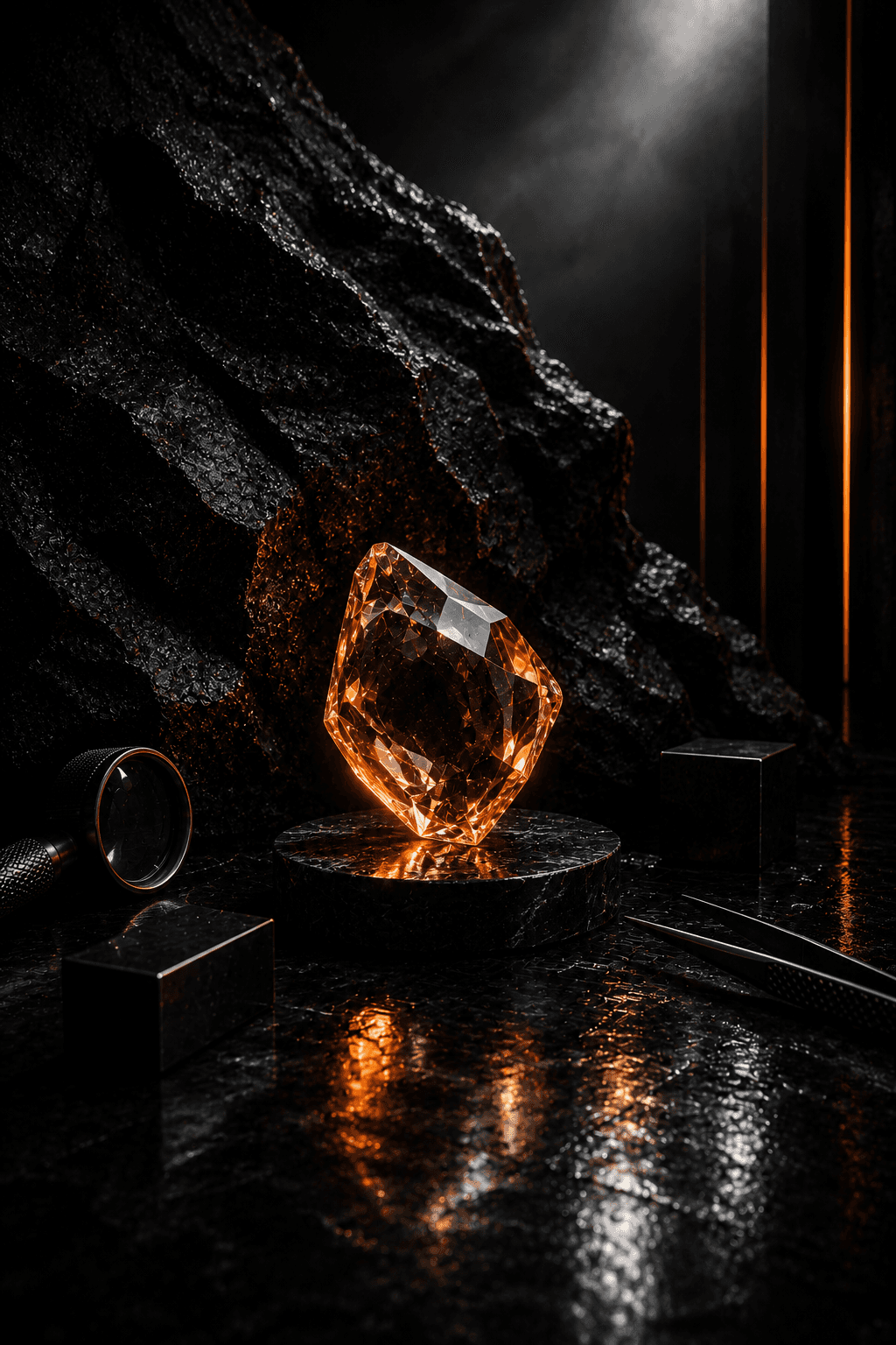 Illuminated orange gemstone on a dark, textured surface with a magnifying glass and tweezers, symbolizing quality and precision.