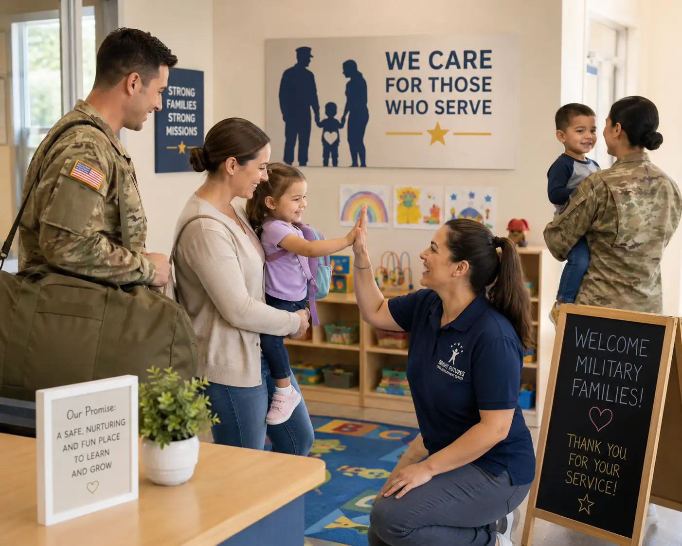 military families drop their children off at a daycare center