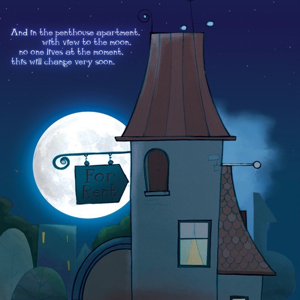 Book illustration: the top of the house at night against a full moon, with a hanging sign reading For Rent.
