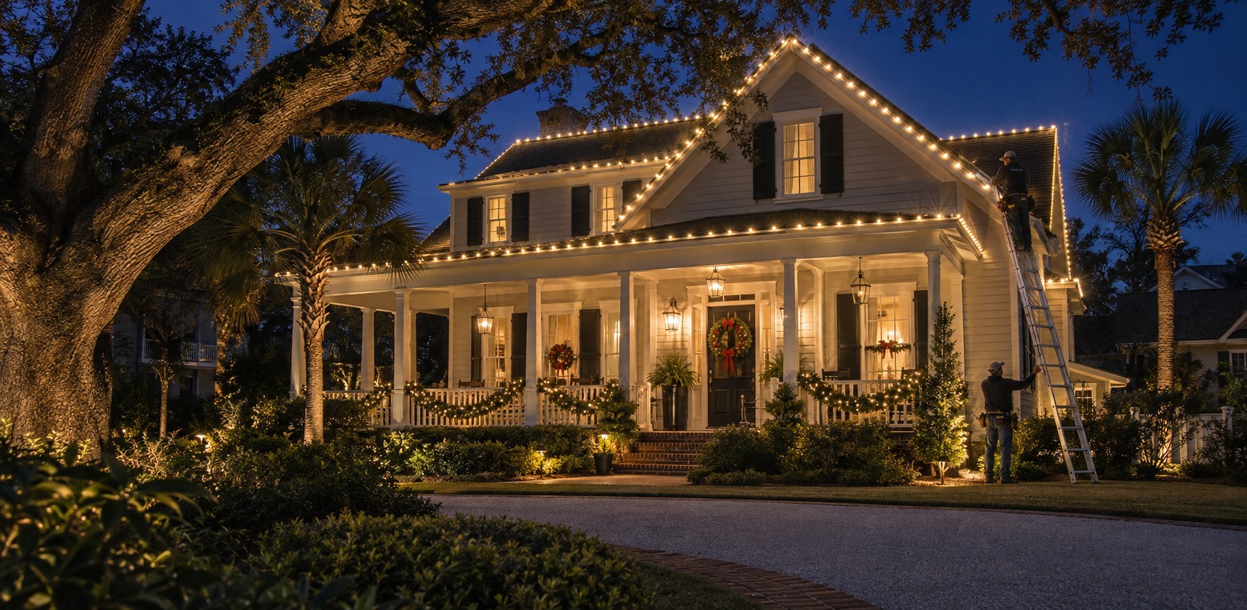 Two-story Lowcountry home with warm white Christmas lights on the roofline and porch under live oaks at dusk