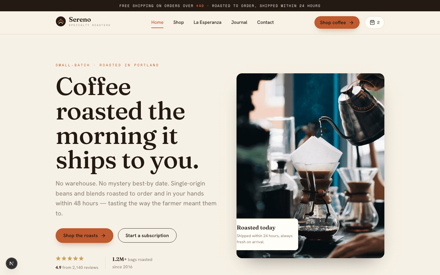 Sereno Coffee website screen 1