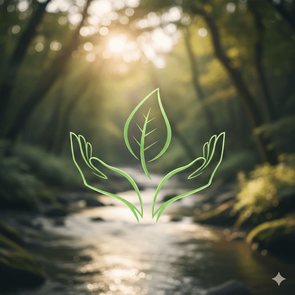 Minimalist green leaf icon in a sunlit forest representing M3M Sector 75 eco-friendly living