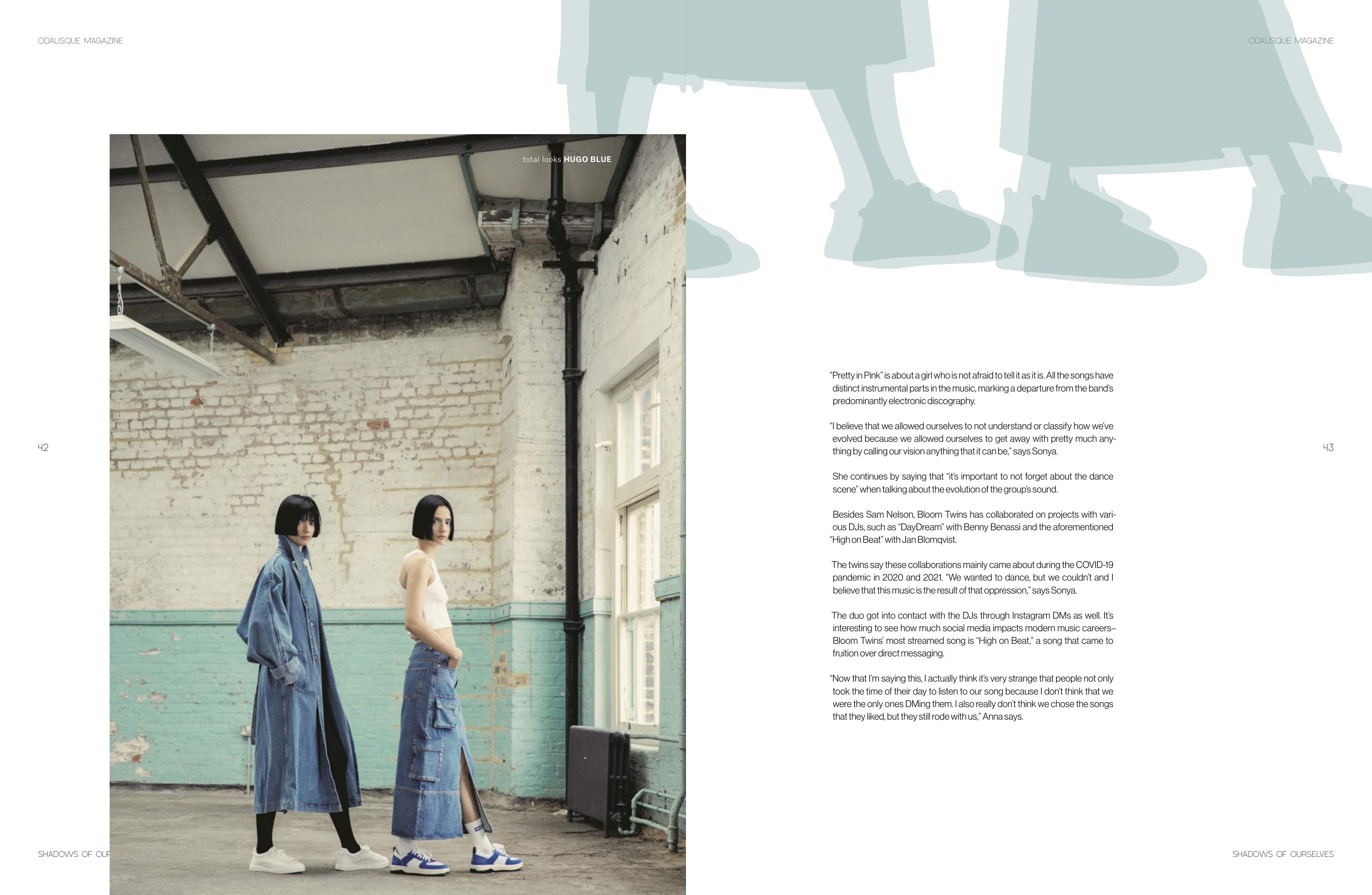 Oversized cropped mint lettering surrounds interview columns and a photograph of Bloom Twins.