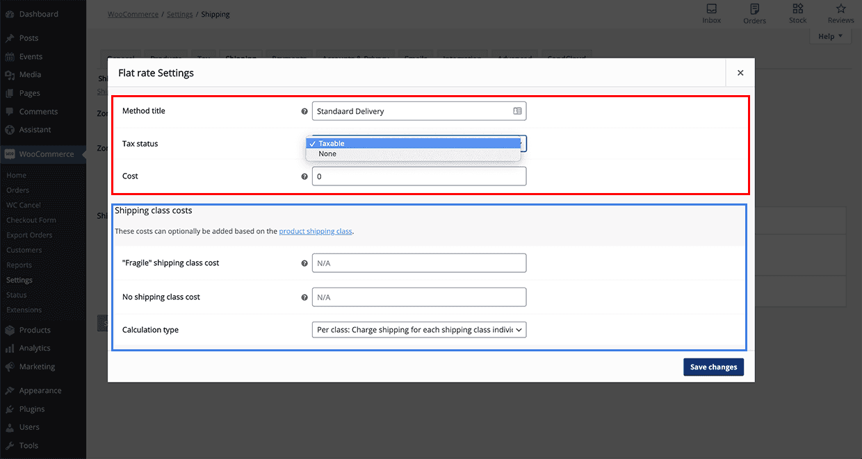 Woocommerce flat rate shipping method settings 