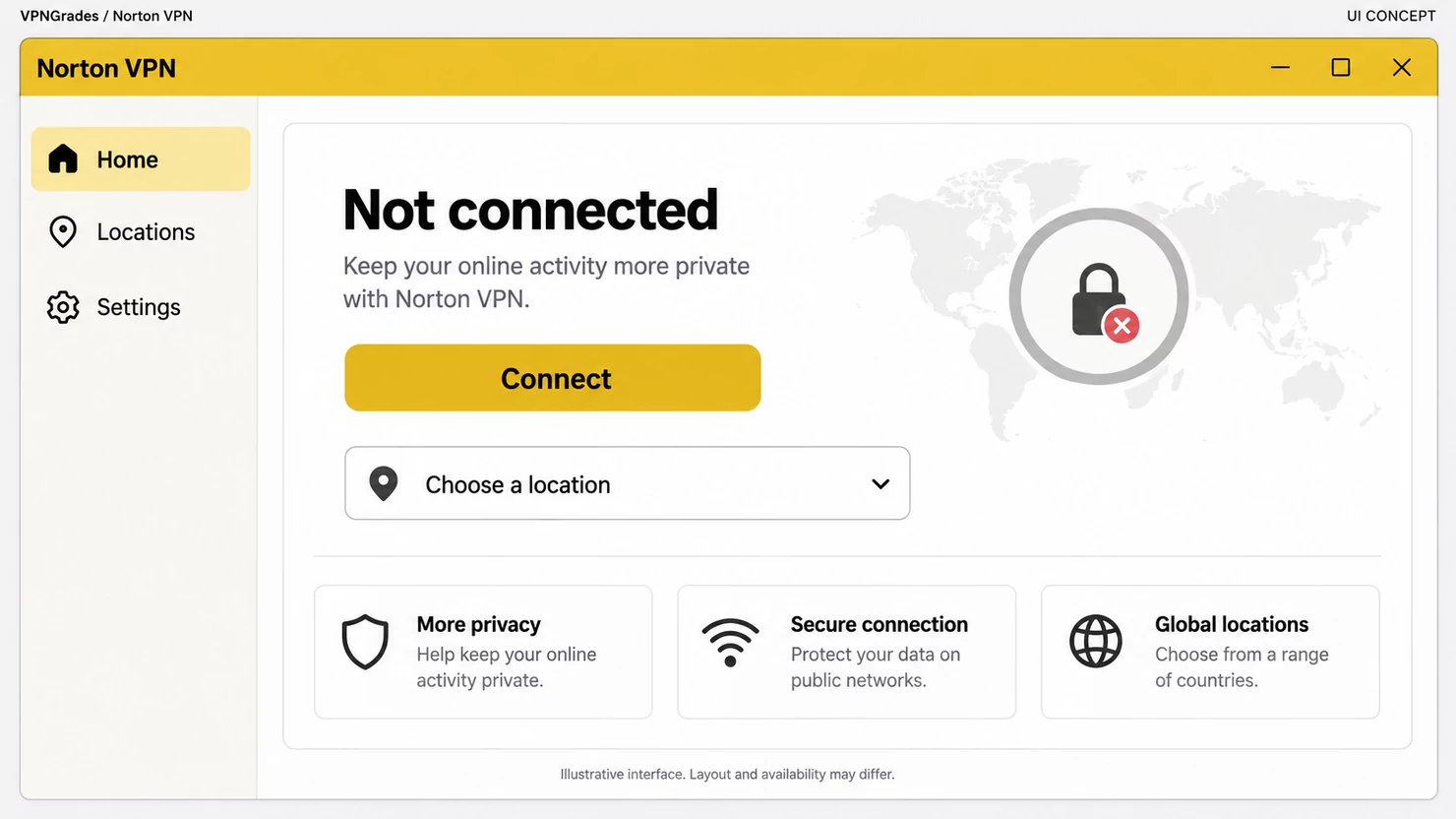Norton VPN: a desktop connection interface (illustration).