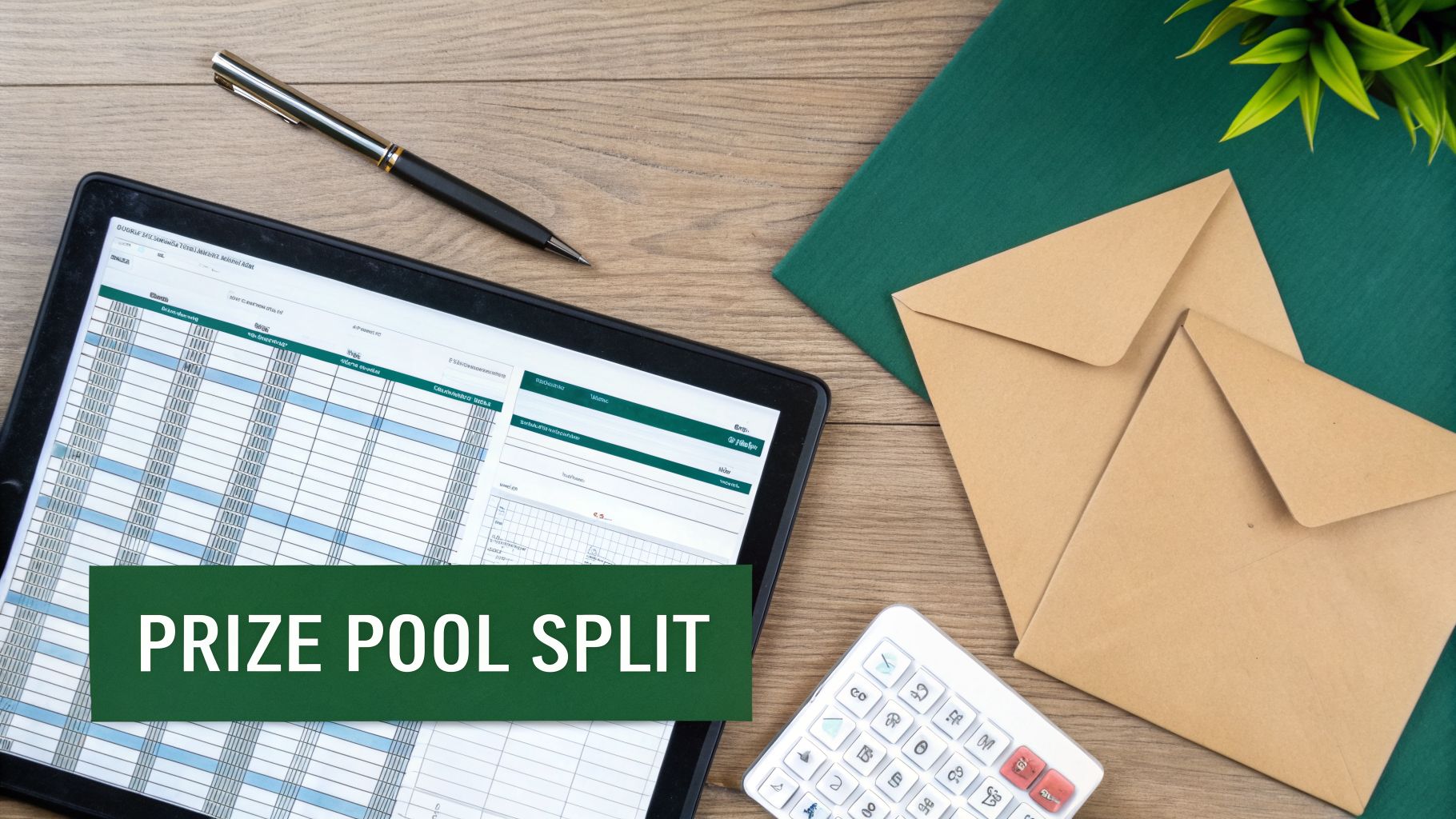 A desk with a tablet showing a spreadsheet, a pen, envelopes, a calculator, and text 'PRIZE POOL SPLIT'.