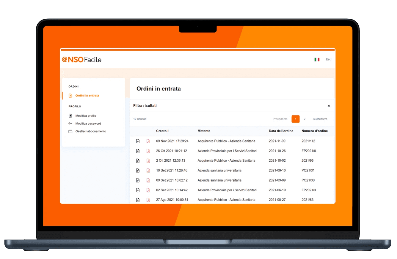 laptop mockup with screenshot of incoming orders from NSO Facile
