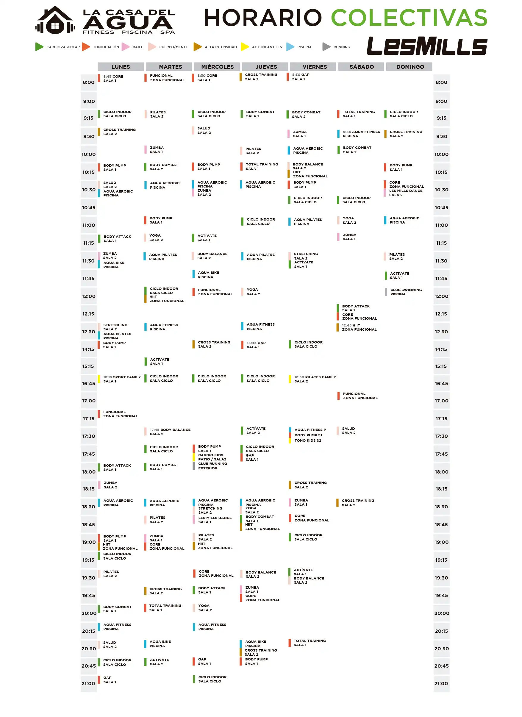 horario de actividades de La casa del agua sport