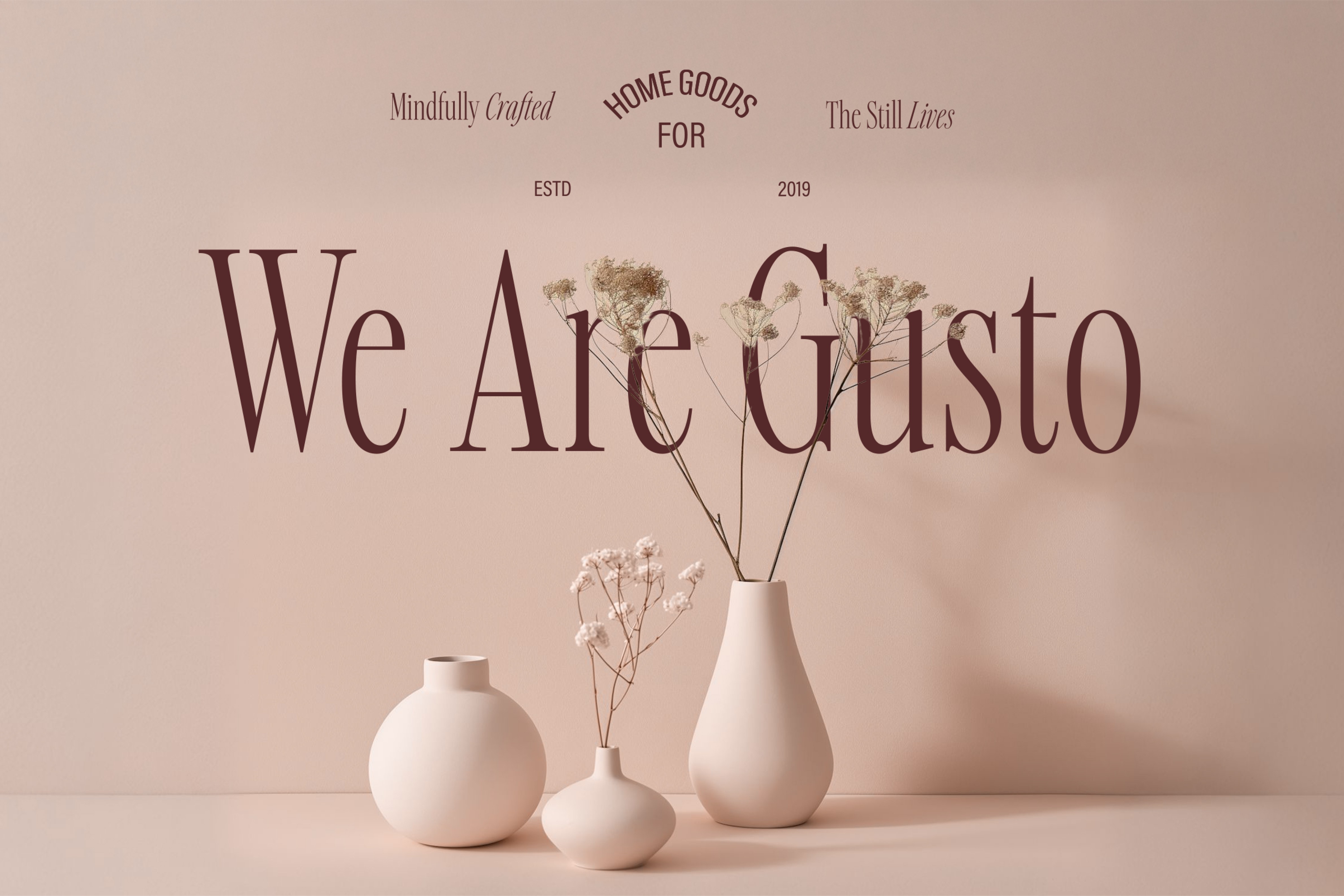 Gusto’s visual identity featuring elegant serif typography and soft-toned pottery, reflecting the brand’s ethos of mindful craftsmanship.