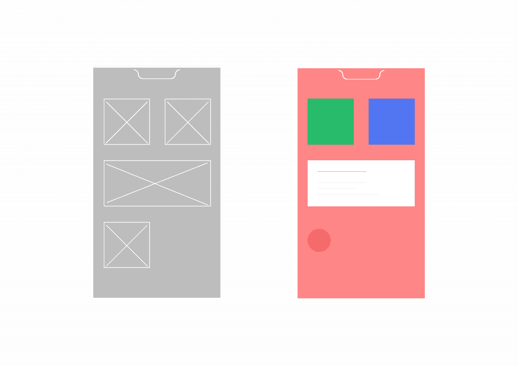 Grey mobile wireframe next to the same layout in colour, illustrating a check of the mobile store UX
