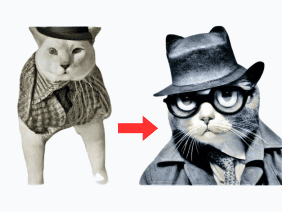 Before-and-after transformation of a cat into a detective-style AI-generated image, wearing a trench coat, glasses, and fedora—demonstrating AI image editing and enhancement capabilities.