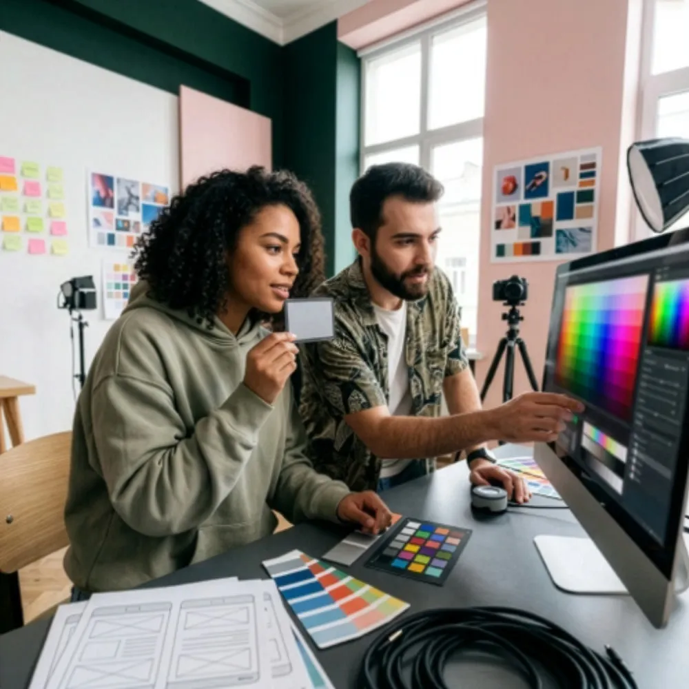 Binôme créatif en pleine analyse de la résonance de marque et ajustement chromatique sur écran, illustrant notre expertise en "Conseil et stratégie de marque" pour garantir une identité visuelle cohérente et impactante.