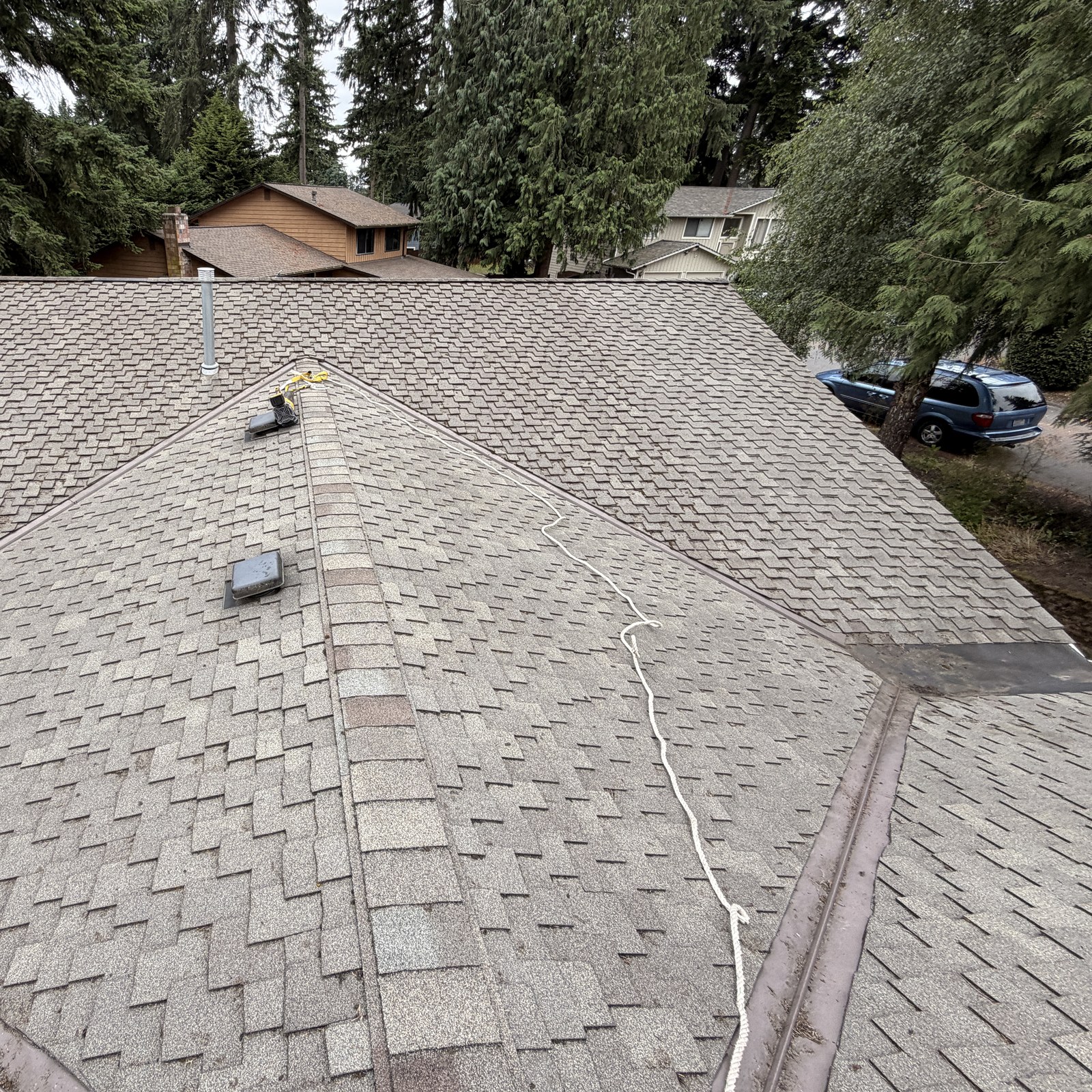 After: aerial view: roof cleaning & moss removal by Peterson Property Services in Everett, WA