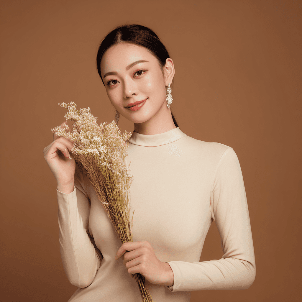 Chinese women with flowers standing portrait