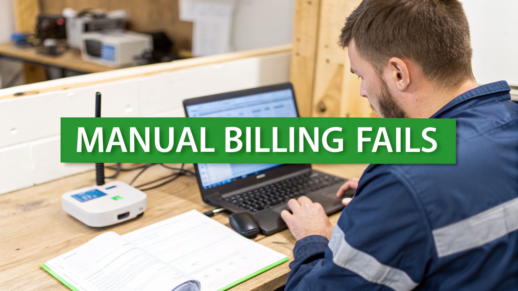 A man in workwear uses a laptop at a desk, with a green overlay stating 'MANUAL BILLING FAILS'.