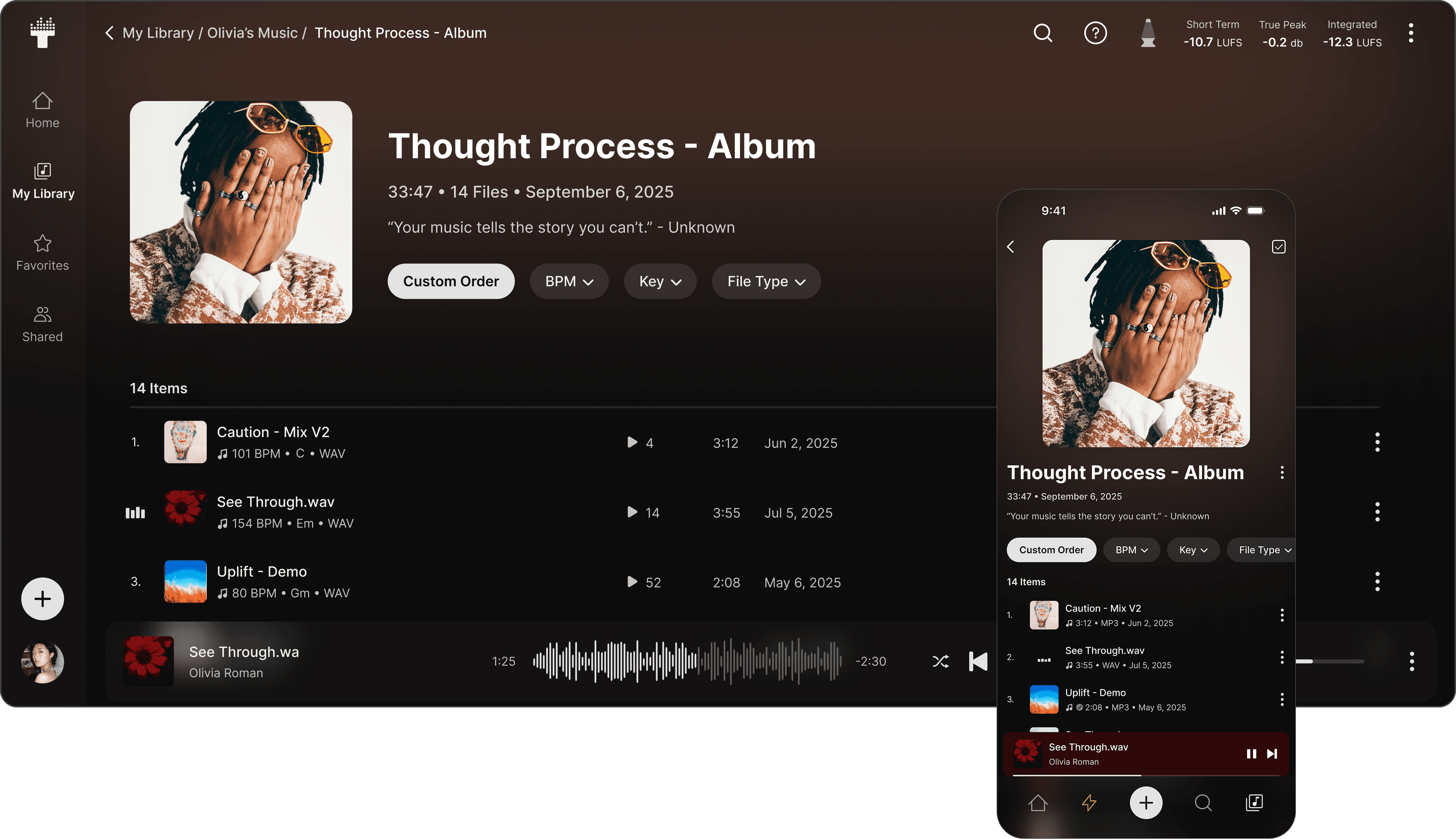 Traklist Web App displaying organized music files and artwork with an audio player.