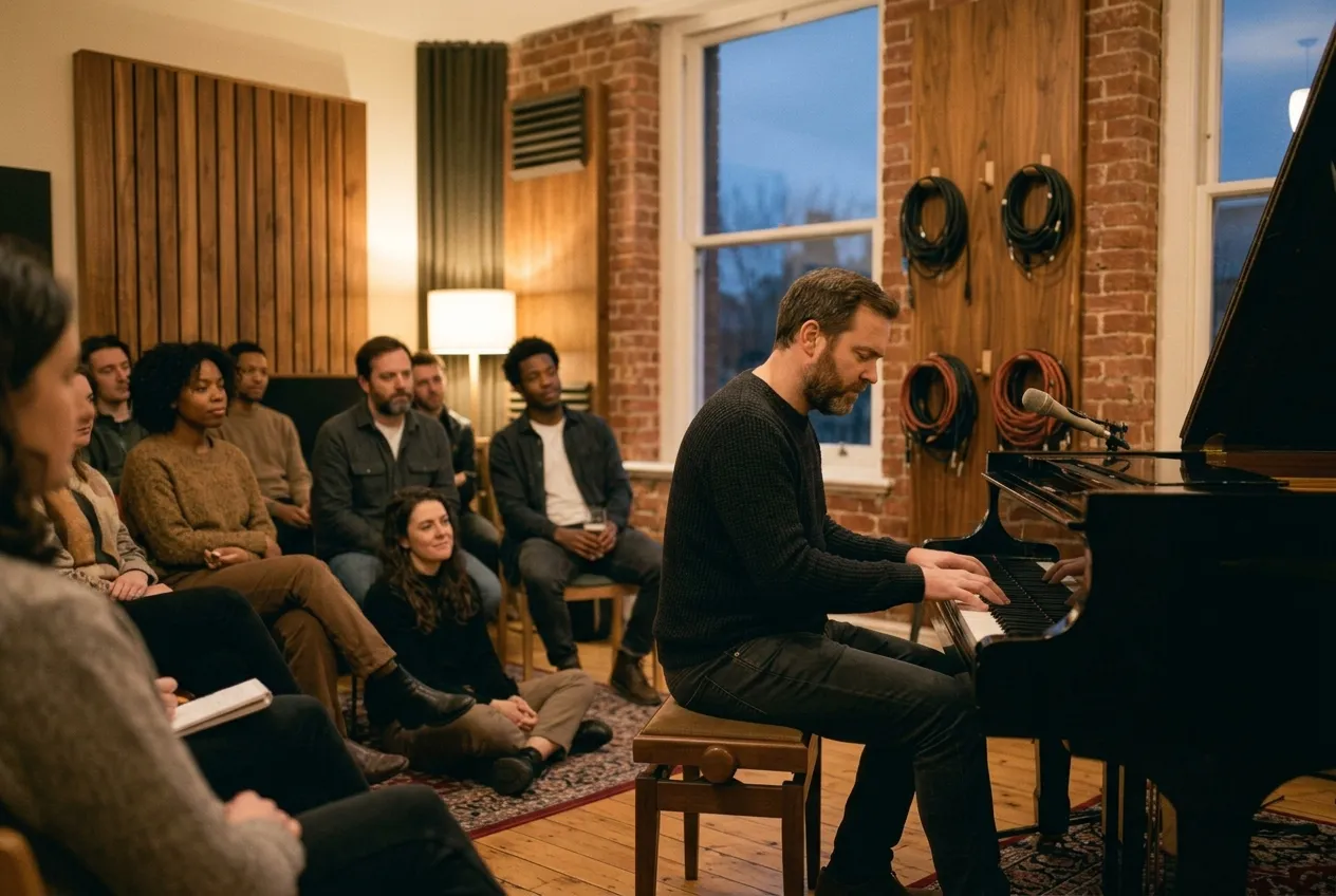 Wren Ashby playing piano for a small audience