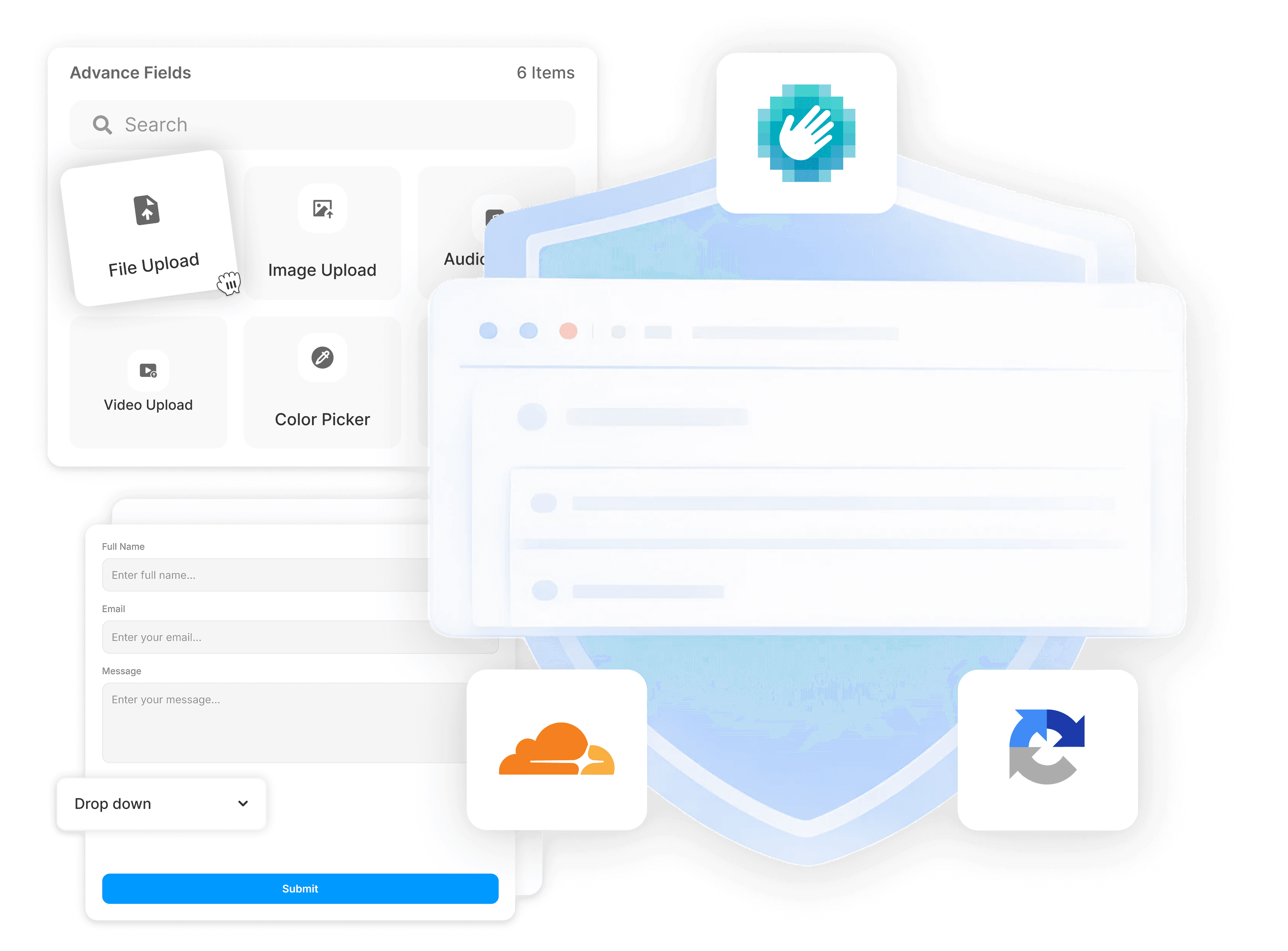 Advanced UI form fields, including file upload, range slider, and multi-step.