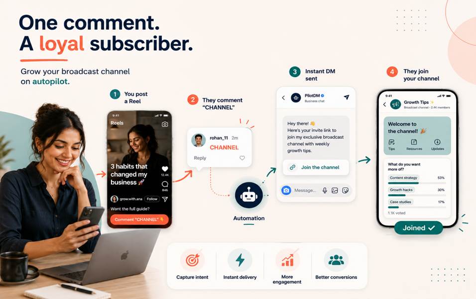 Comment-to-DM automation for Instagram broadcast channels showing Reel comments triggering instant DM invites and subscriber growth in 2026.