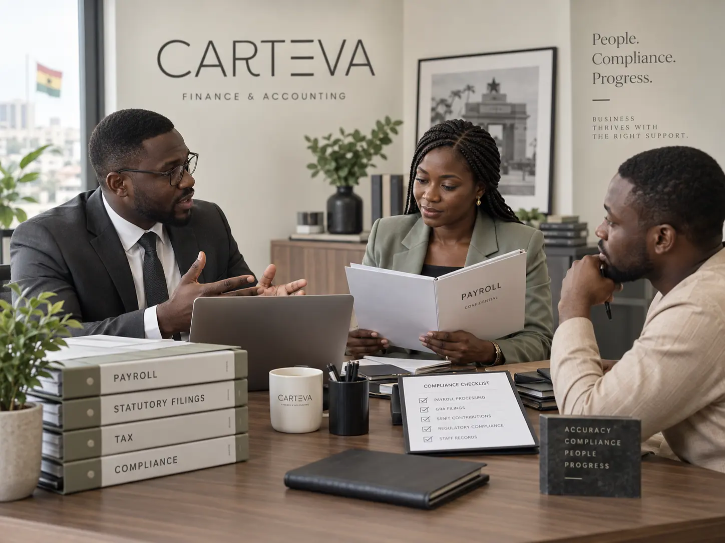 Carteva professionals reviewing tax, payroll and compliance requirements for businesses in Ghana