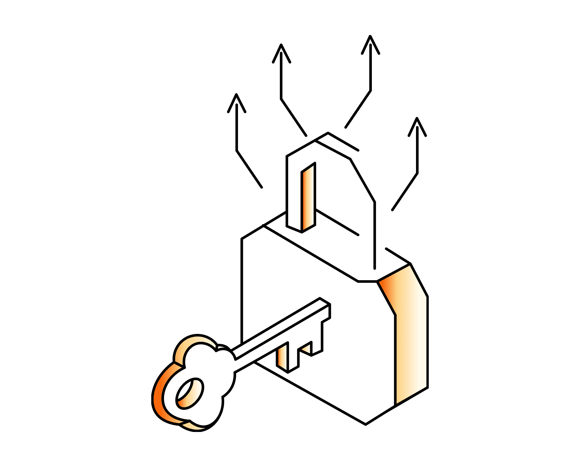 A stylized illustration of a key emerging from a box, with abstract tree-like shapes above it.