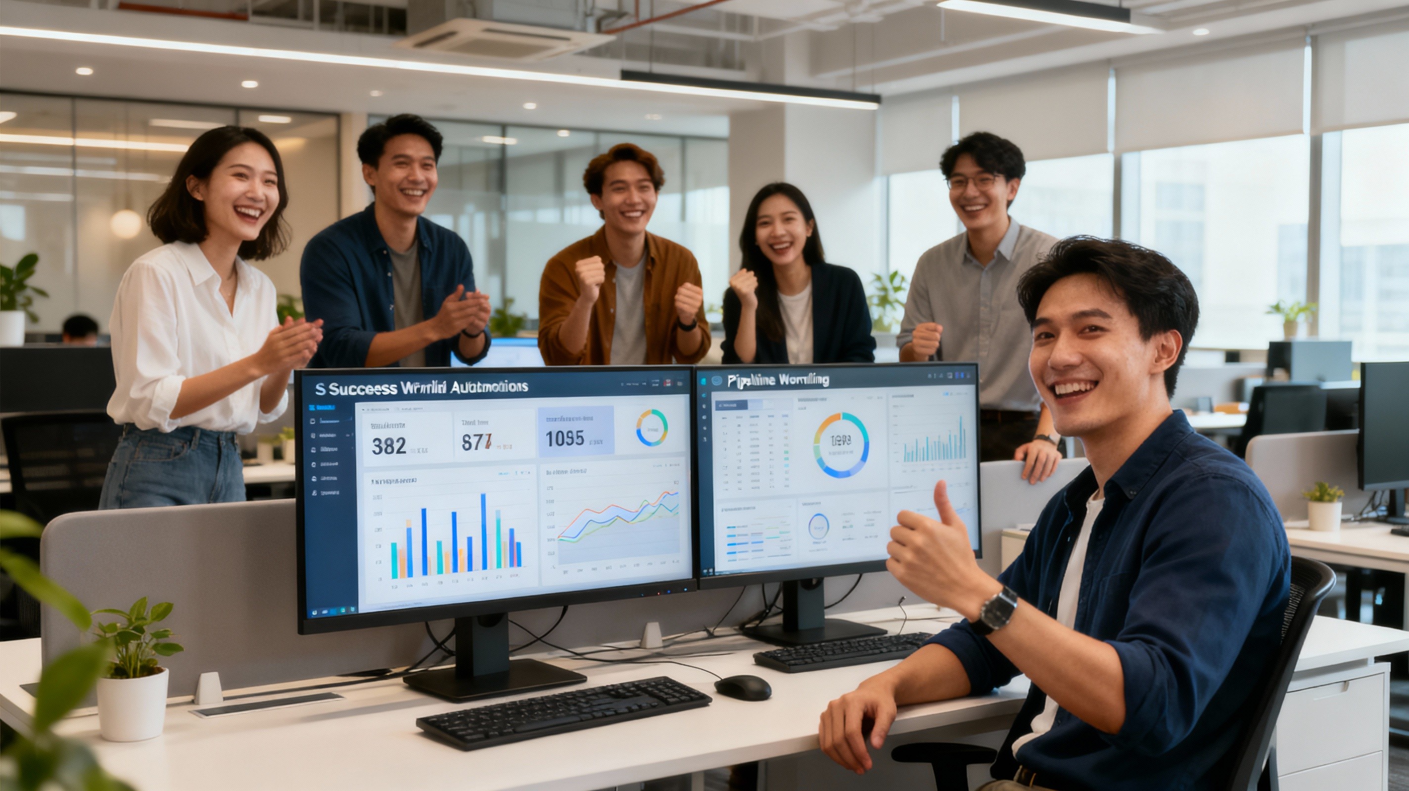 A data team in a modern office celebrating and happy with their workflow automation. People looking at screens showing successful data dashboards and pipeline workflows with smiles and relaxed gestures. The atmosphere is collaborative and productive, showing the benefit of time saved and smooth data operations.