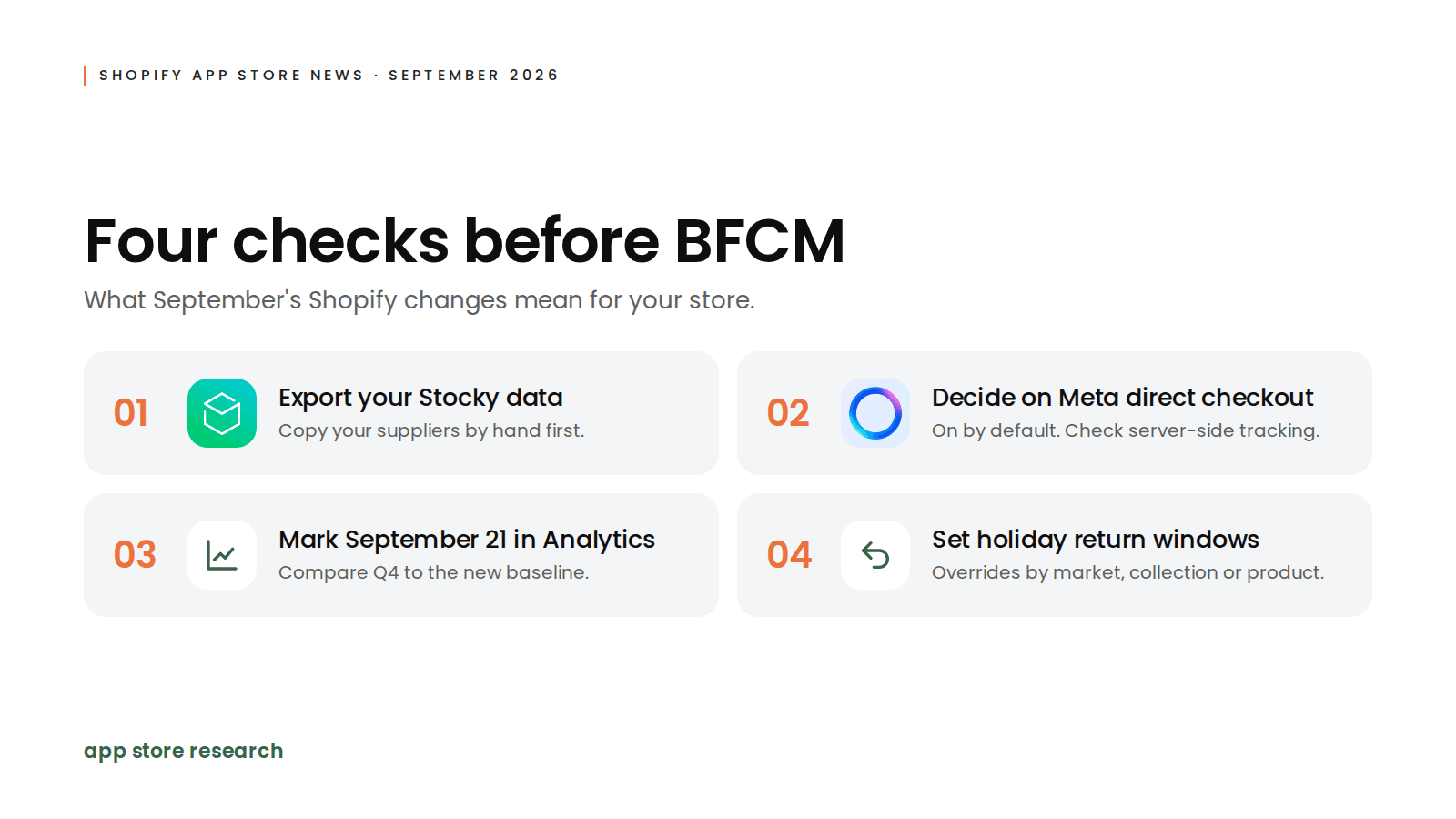 Four checks before BFCM: export your Stocky data, decide on Meta direct checkout, mark September 21 in Analytics, and set holiday return windows.