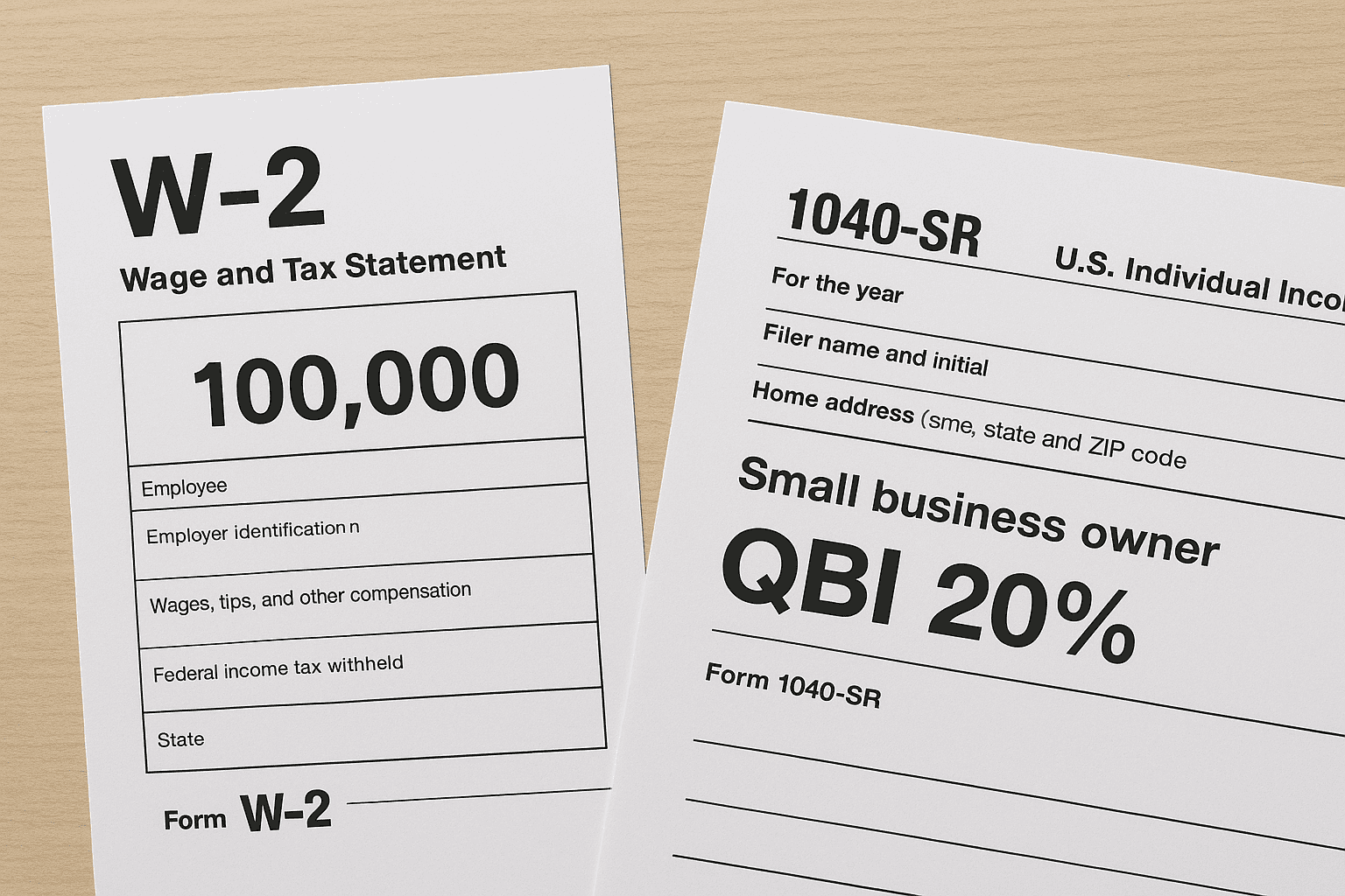 Side-by-side comparison of a W-2 employee tax form and a small business owner’s return, highlighting the 20% QBI deduction for business income.