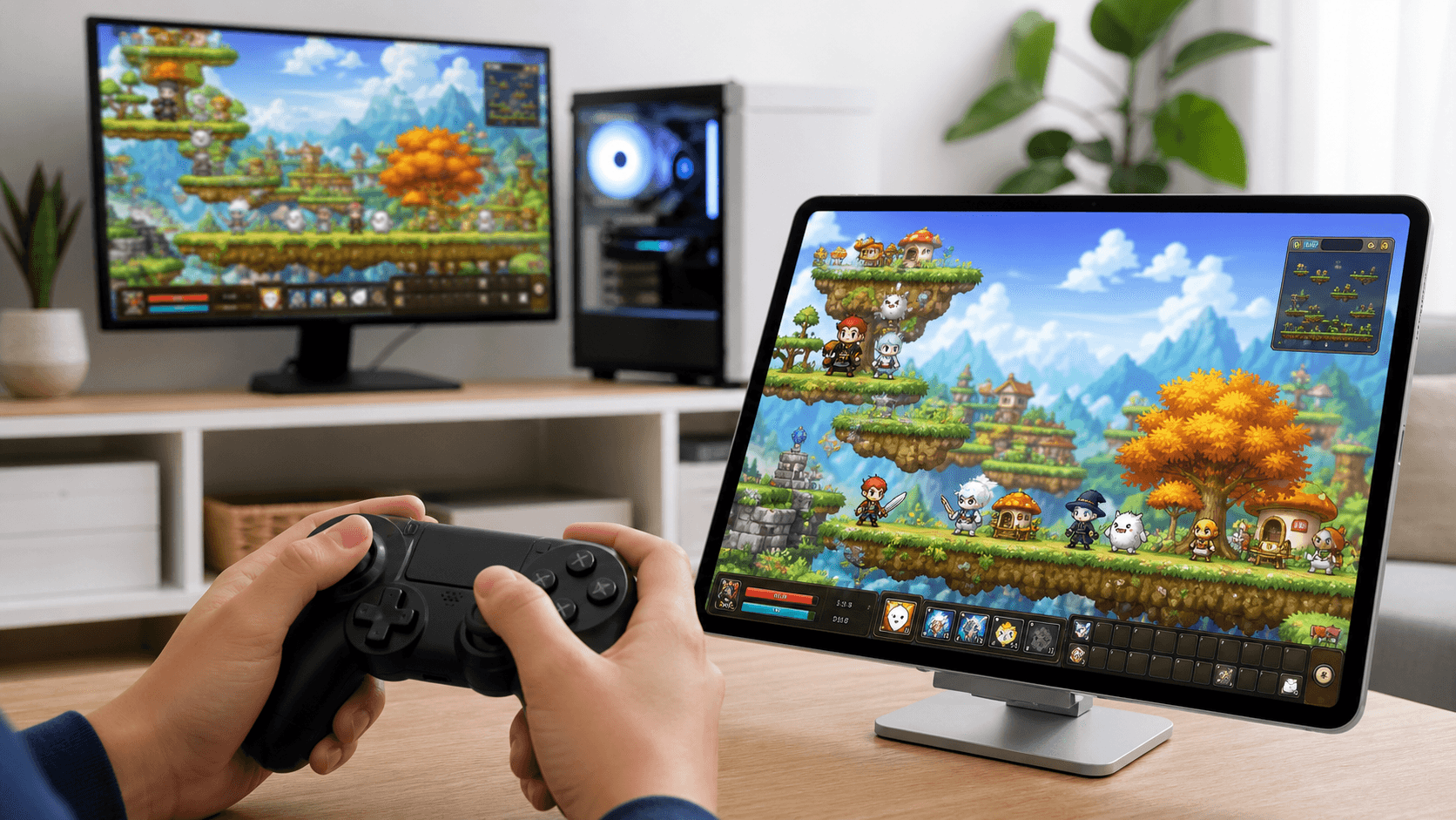 traditional, clunky RDP connection represented by the old CRT monitor displaying Windows 7, placed alongside the modern, seamless "teleportation" experience provided by modern tools like DeskIn and contemporary displays